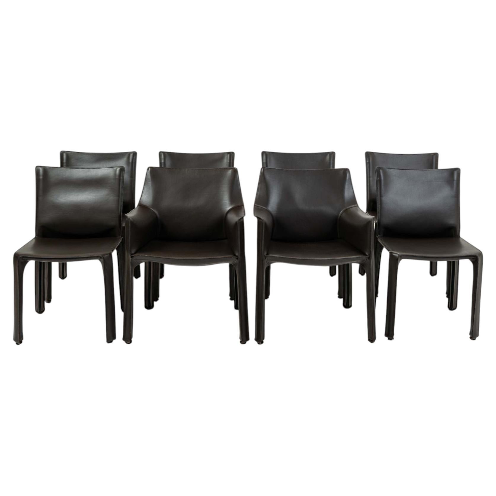 Set of 8 Mario Bellini for Cassina Cab chairs, dark brown saddle leather For Sale