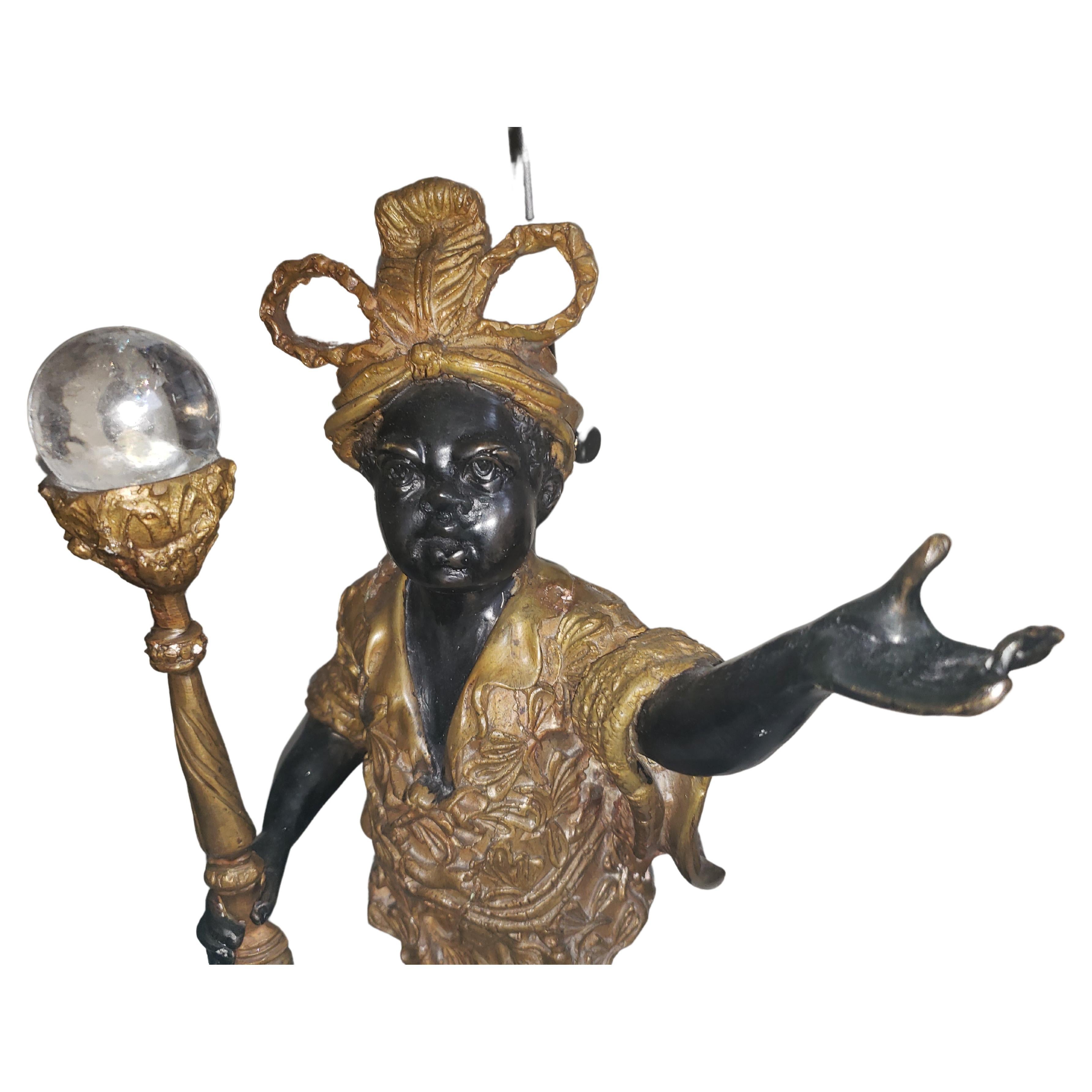 Antique Venetian Large Bronze Figural Table Lamps with Custom Shades For Sale 1