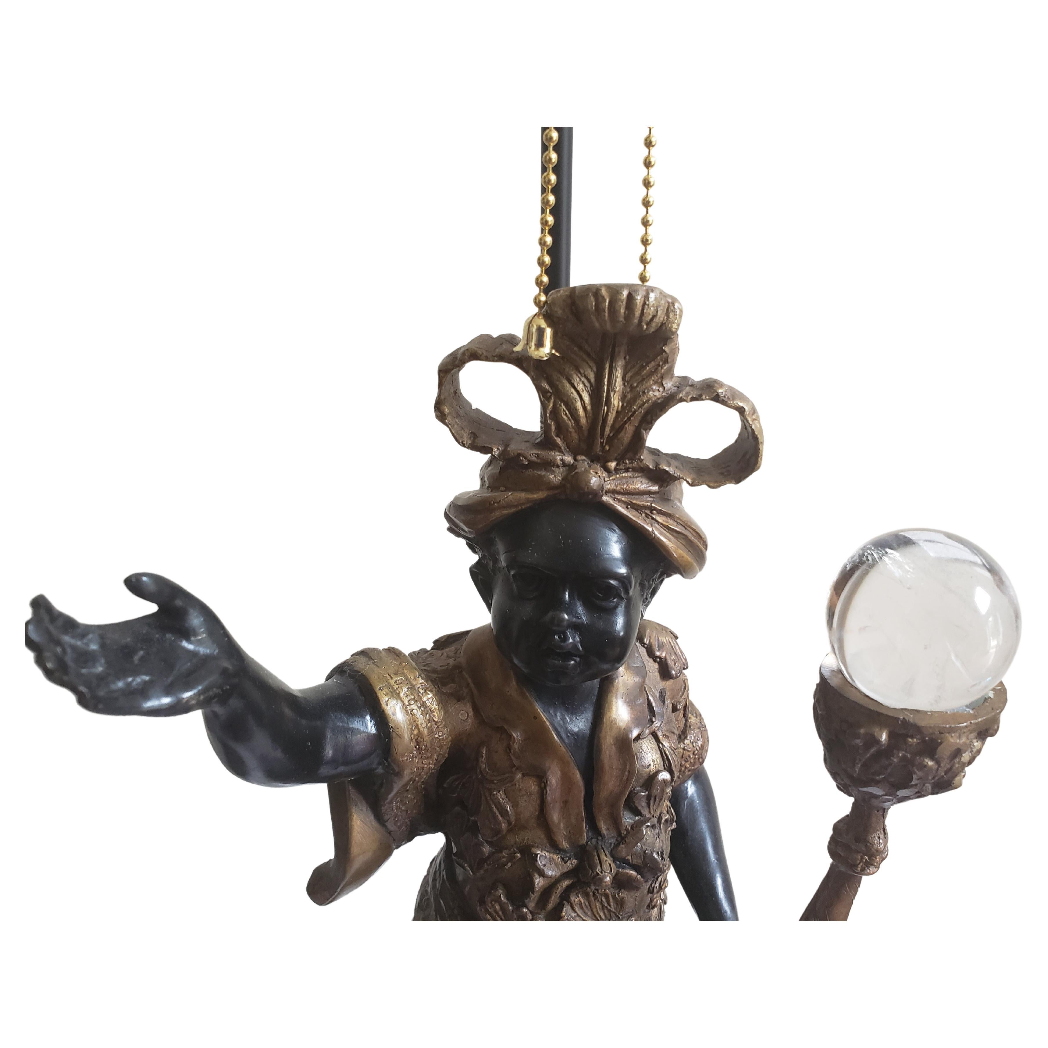 Antique Venetian Large Bronze Figural Table Lamps with Custom Shades For Sale 3