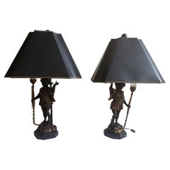Antique Venetian Large Bronze Figural Table Lamps with Custom Shades