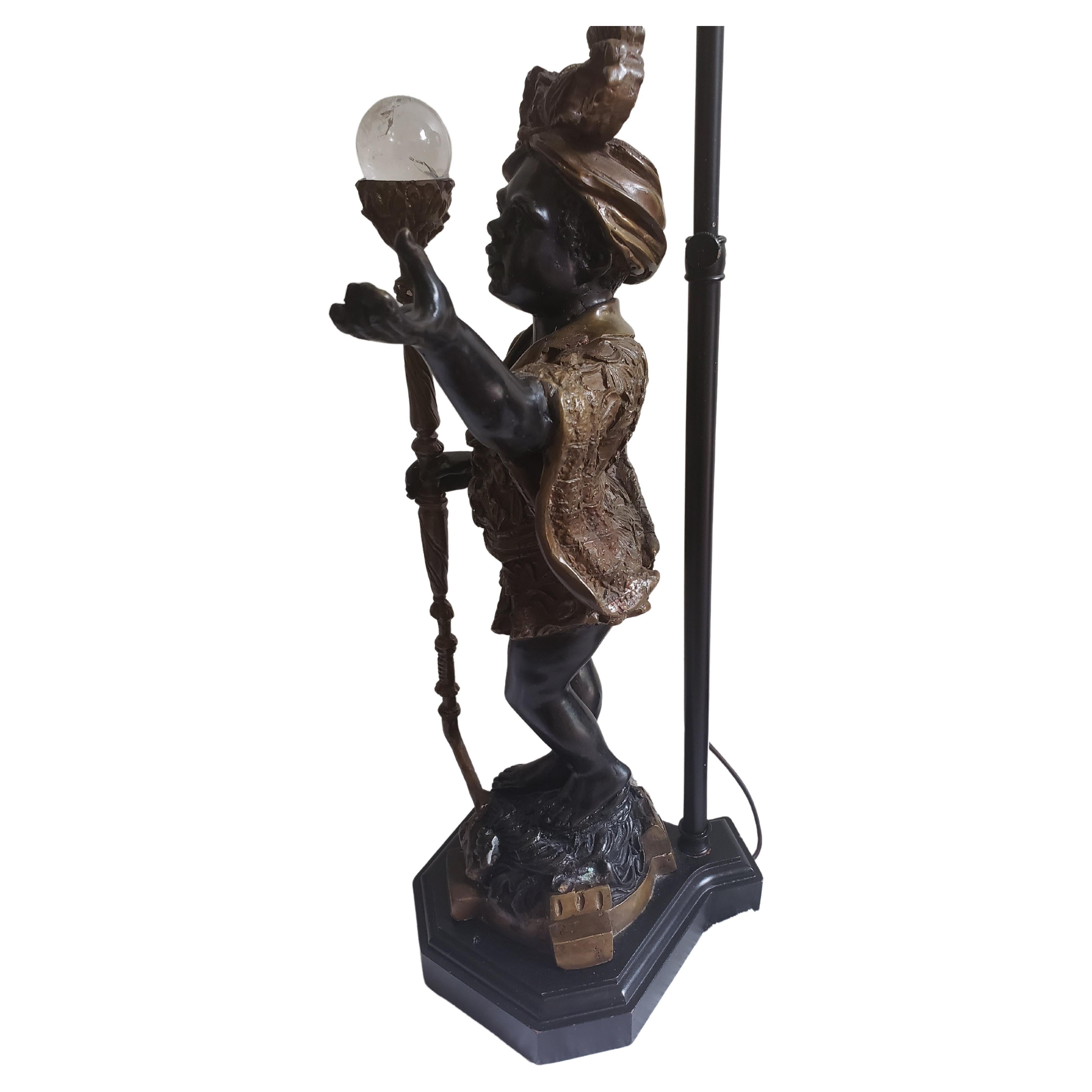 Metalwork Antique Venetian Large Bronze Figural Table Lamps with Custom Shades For Sale