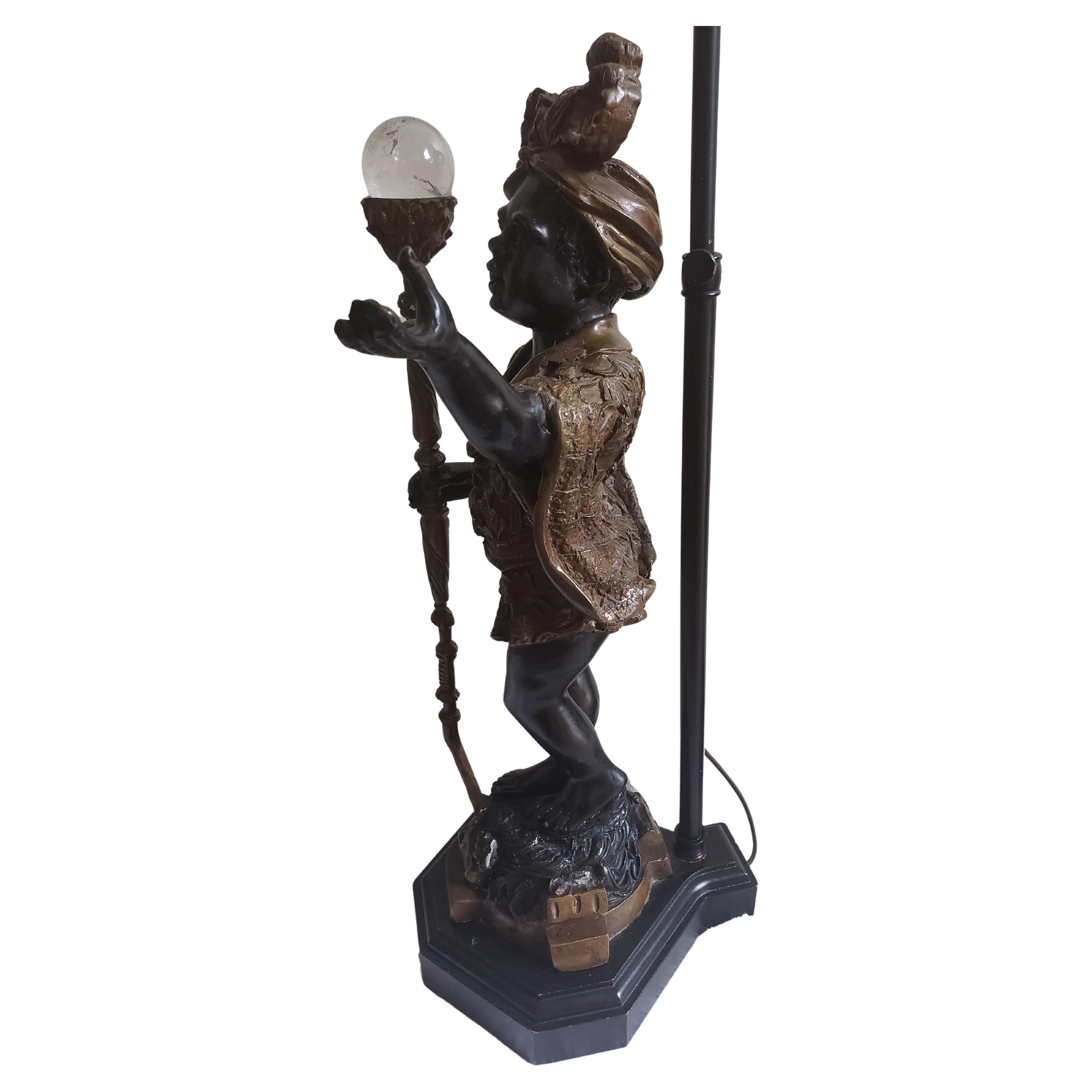 Italian Antique Venetian Large Bronze Figural Table Lamps with Custom Shades For Sale