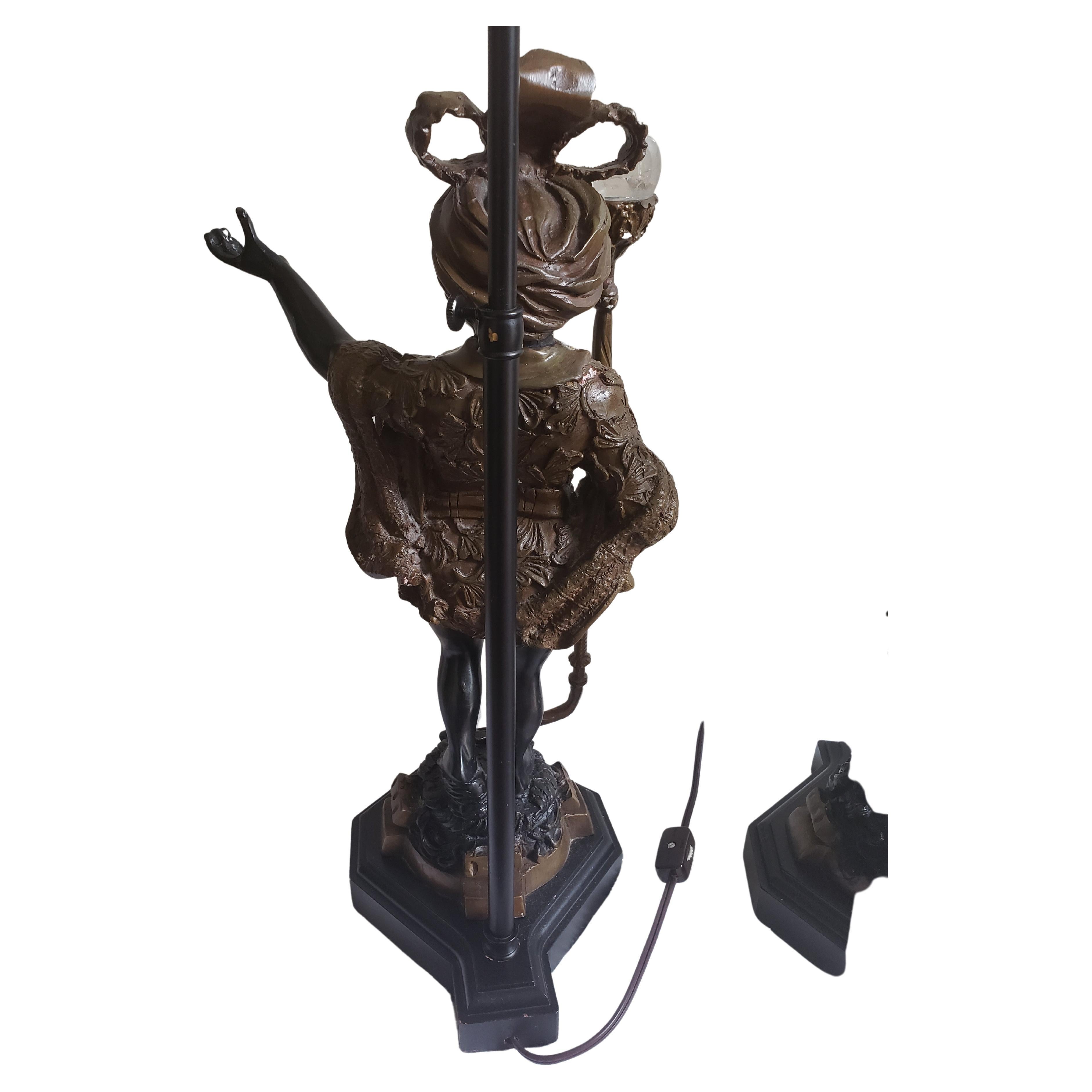 Baroque Revival Antique Venetian Large Bronze Figural Table Lamps with Custom Shades For Sale