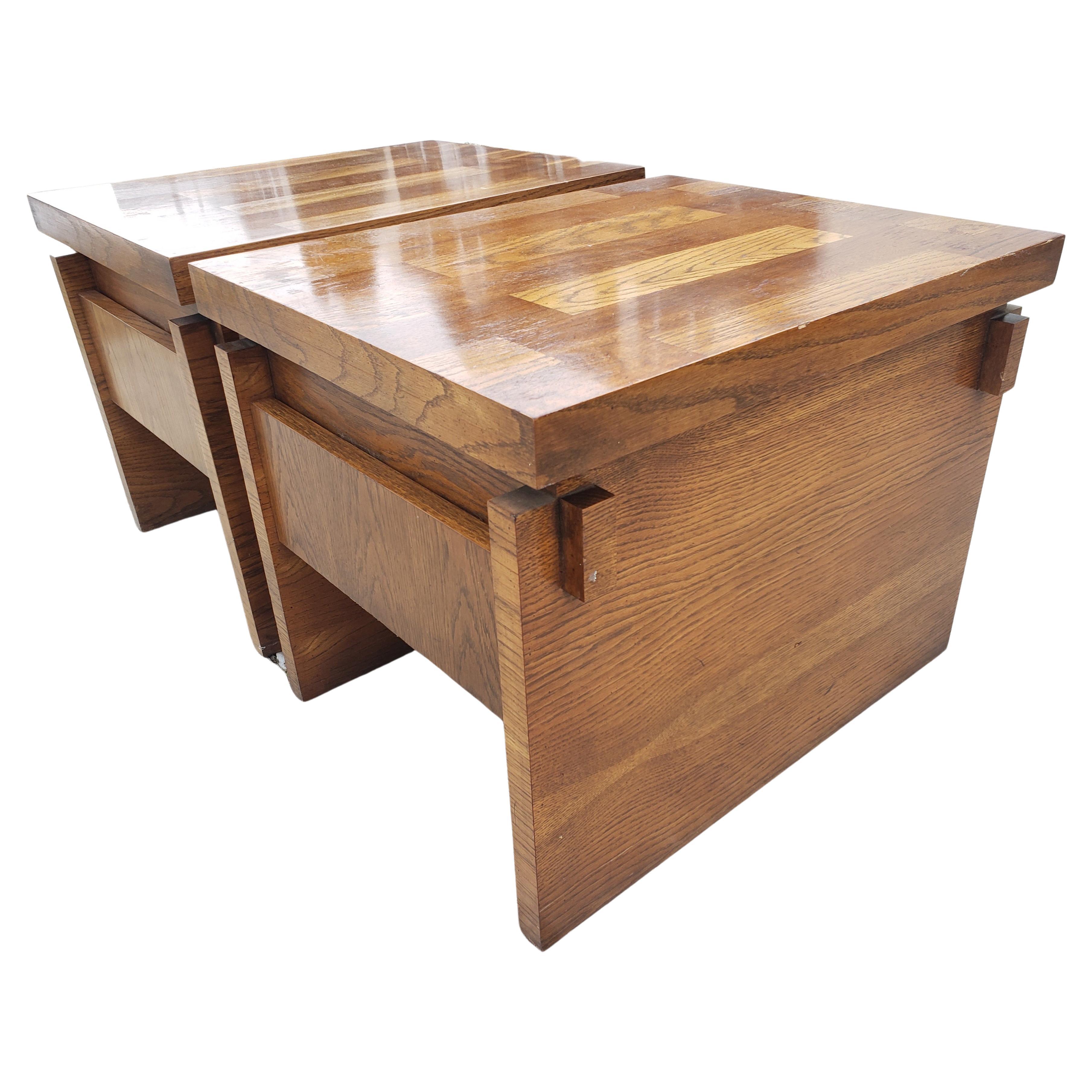 Woodwork Lane One Drawer Brutalist Chunky  Oak Parquetry Side Tables Circa 1970s, a Pair 