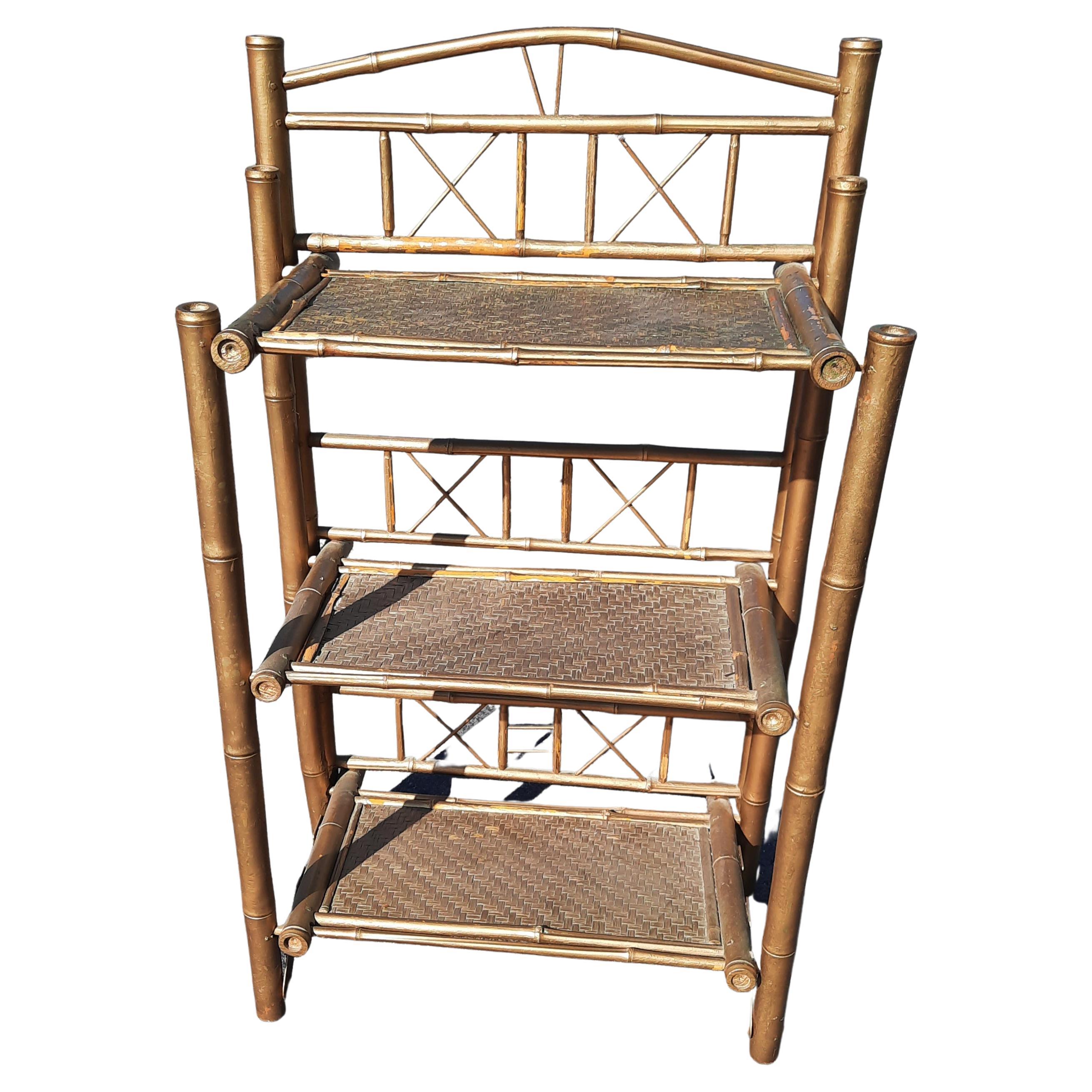 Antique Golden Tortoise Bamboo and Woven Wicker Etagere Bookshelf For Sale