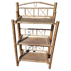 Used Golden Tortoise Bamboo and Woven Wicker Etagere Bookshelf