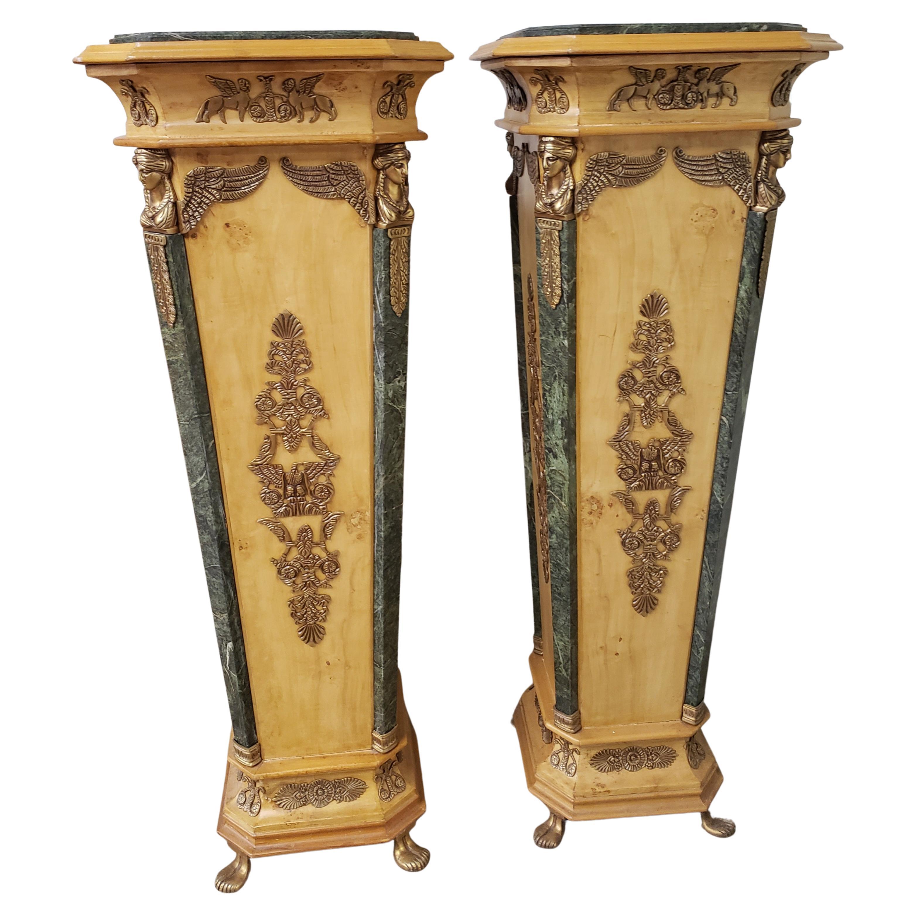 French Empire Gilt Bronze Ormolu Mottled Marble & Satinwood Pedestals, a Pair For Sale
