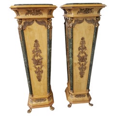 French Empire Gilt Bronze Ormolu Mottled Marble & Satinwood Pedestals, a Pair
