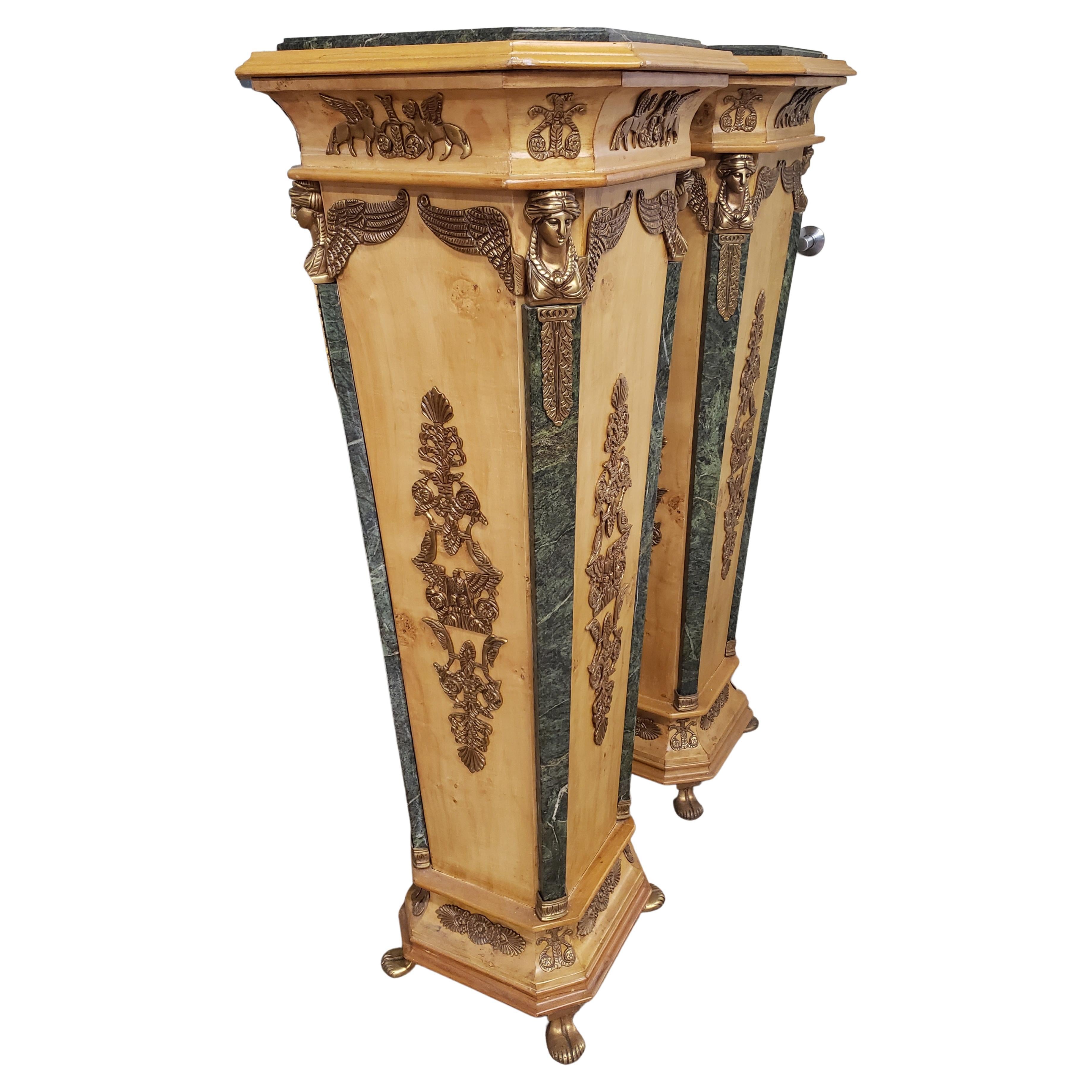 Louis XVI French Empire Gilt Bronze Ormolu Mottled Marble & Satinwood Pedestals, a Pair For Sale
