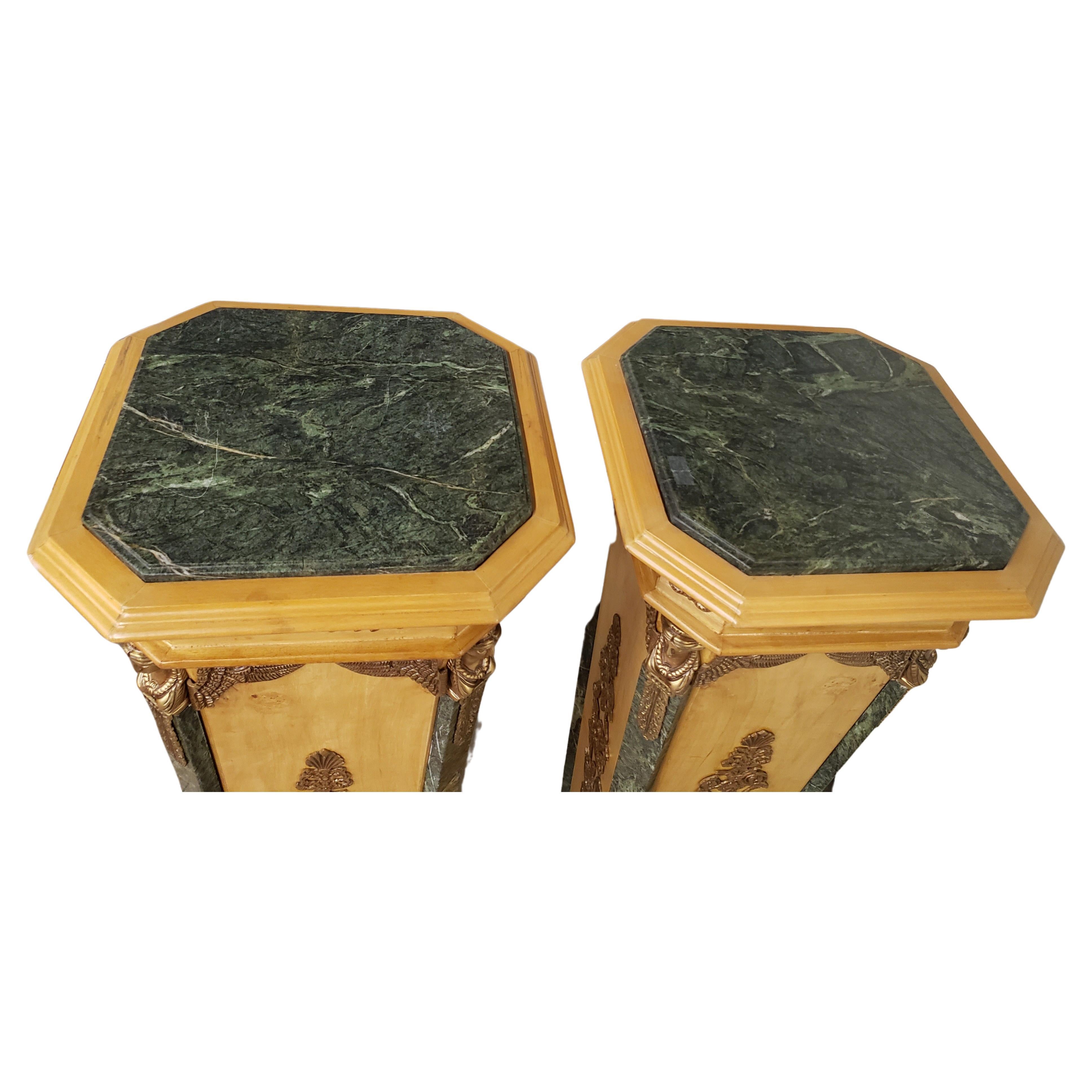 19th Century French Empire Gilt Bronze Ormolu Mottled Marble & Satinwood Pedestals, a Pair For Sale