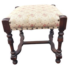 Antique Early 20th Century William & Mary Style Walnut Foot Stool / Ottoman w/ Nailheads