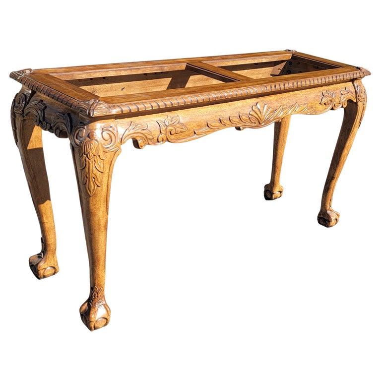 Chippendale Style Carved Mahogany Glass Top Console Table w Ball Claw Feet  For Sale at 1stDibs