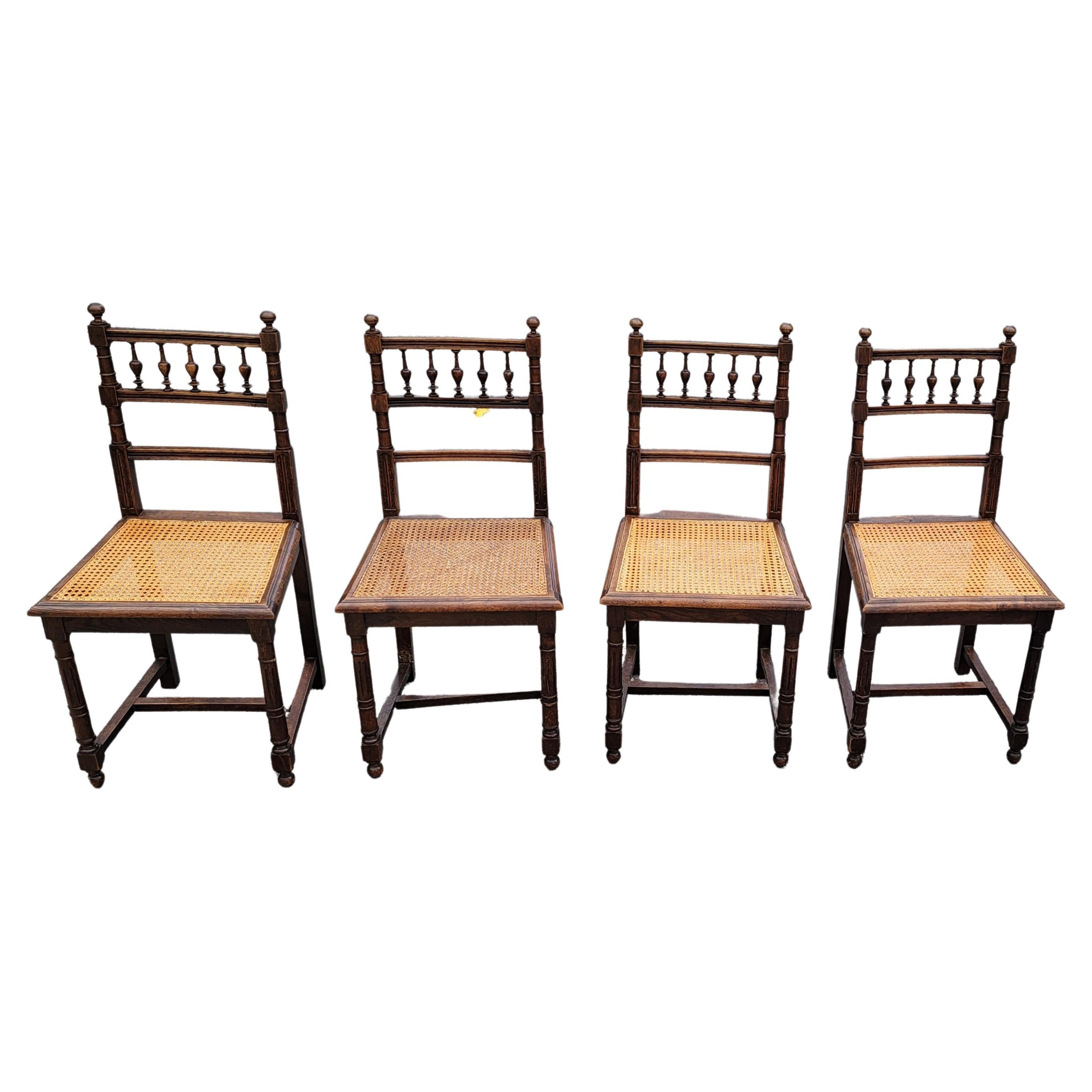Cane Set of 5 Early 20th C. French Henry II Oak and Canned Seat Dining Chairs For Sale