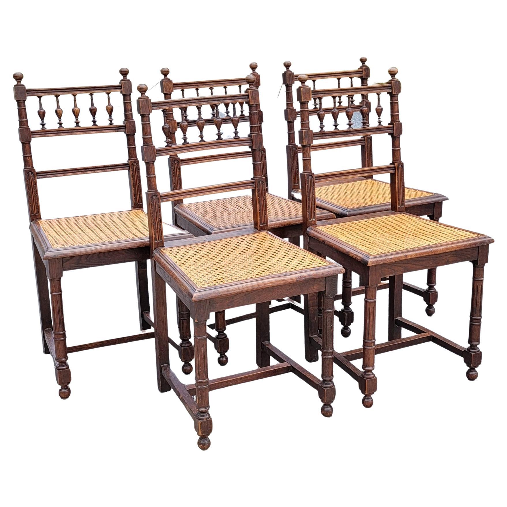 Set of 5 Early 20th C. French Henry II Oak and Canned Seat Dining Chairs In Good Condition For Sale In Germantown, MD