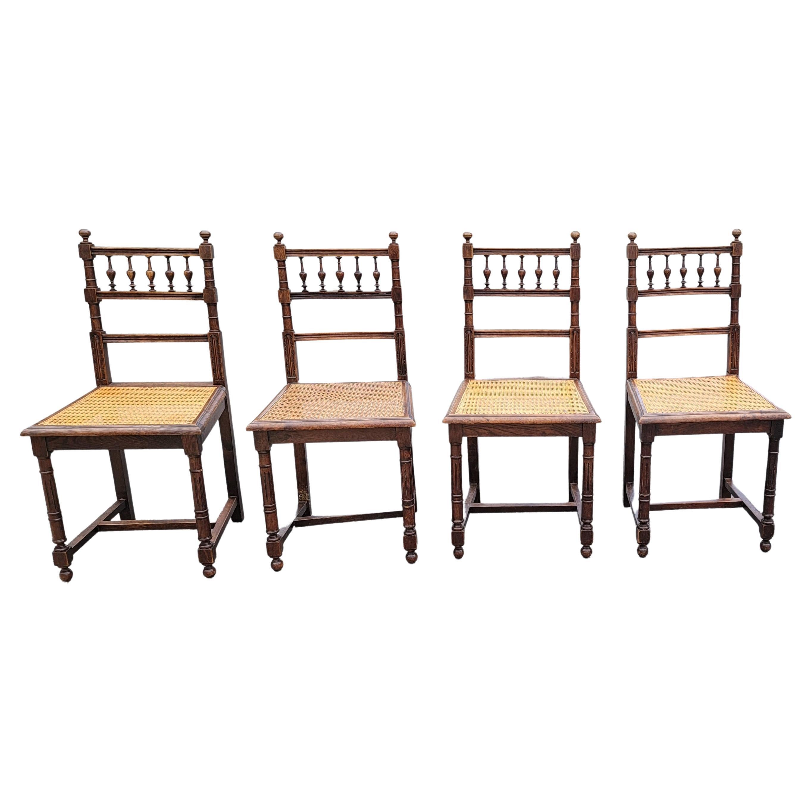 American Set of 5 Early 20th C. French Henry II Oak and Canned Seat Dining Chairs For Sale