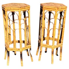 Vintage Mid-Century Hexagonal Bamboo Pedestals Plant Stands, a Pair