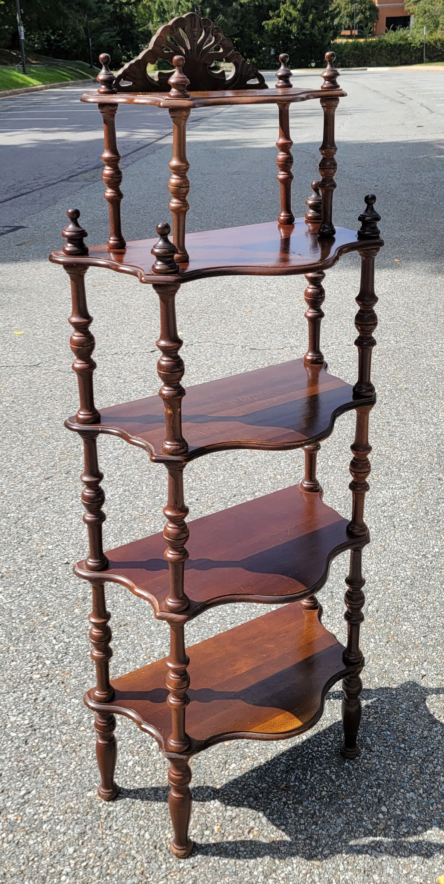 Hand-Carved Antique English Regency Style Carved Mahogany Narrow Etagere, Circa 1920s