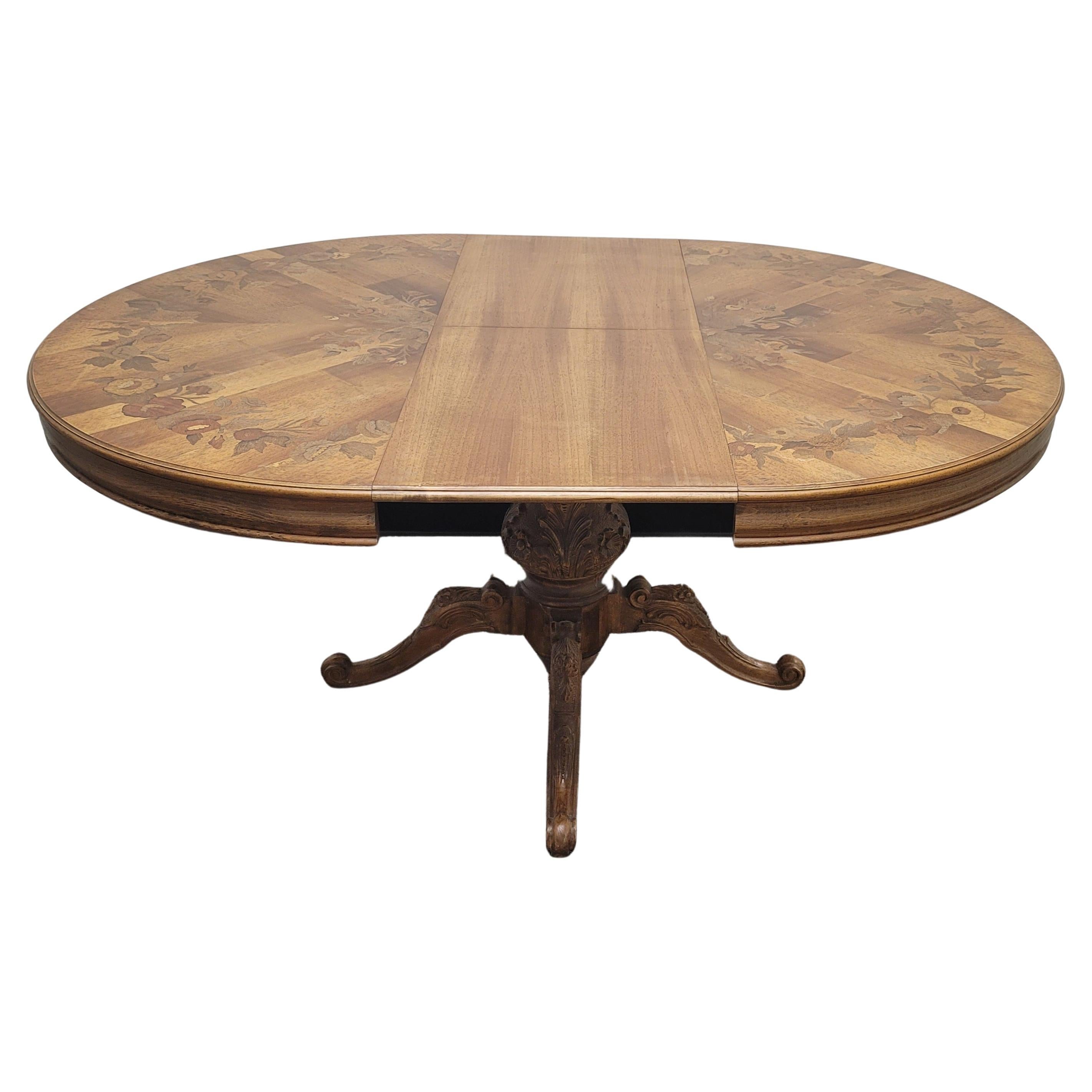 Carved French Provincial Marquetry Inlaid Mixed Fruitwood Breakfast / Dining Table For Sale