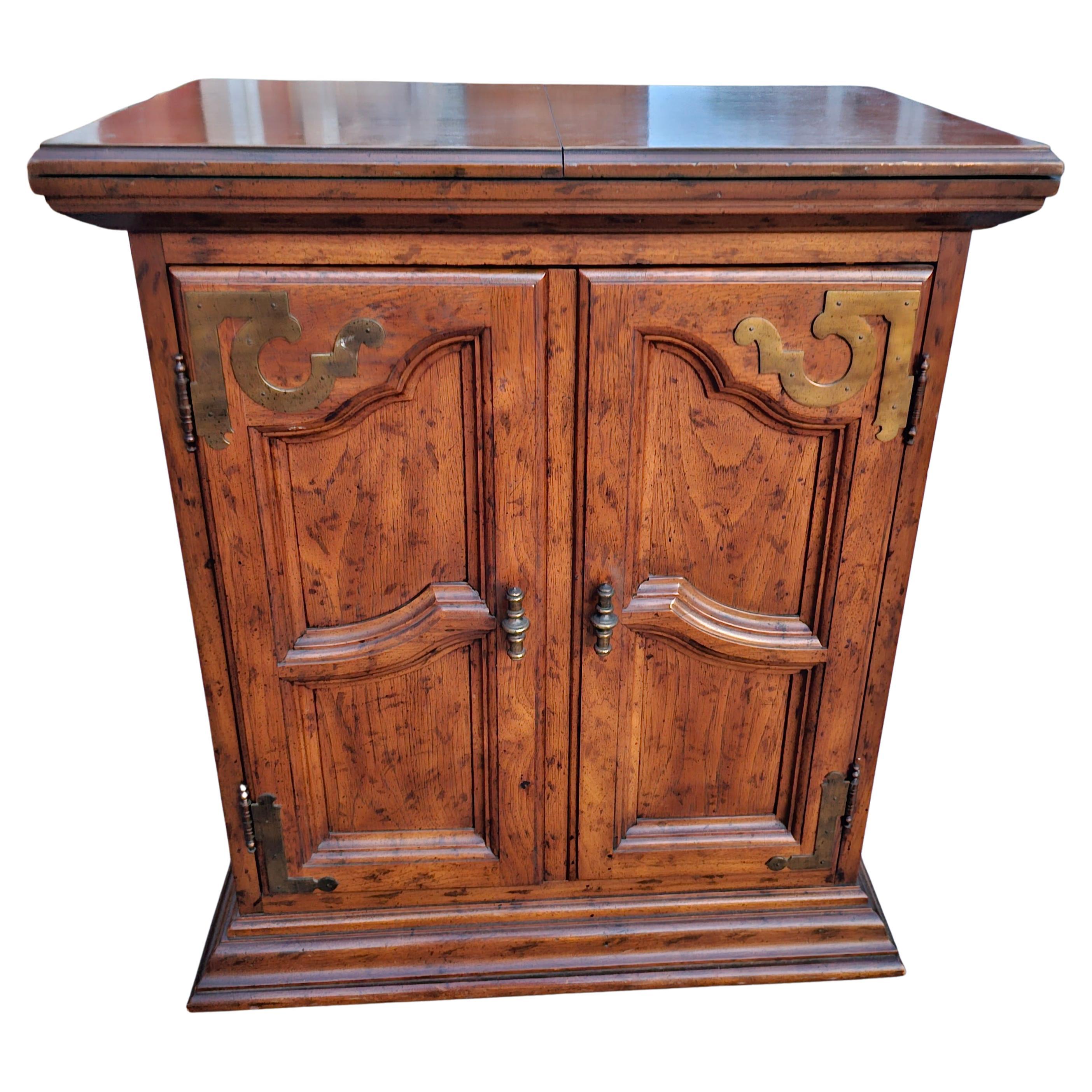Drexel Brass Mount Fruitwood Fold-Top Mini Bar with French Doors For Sale