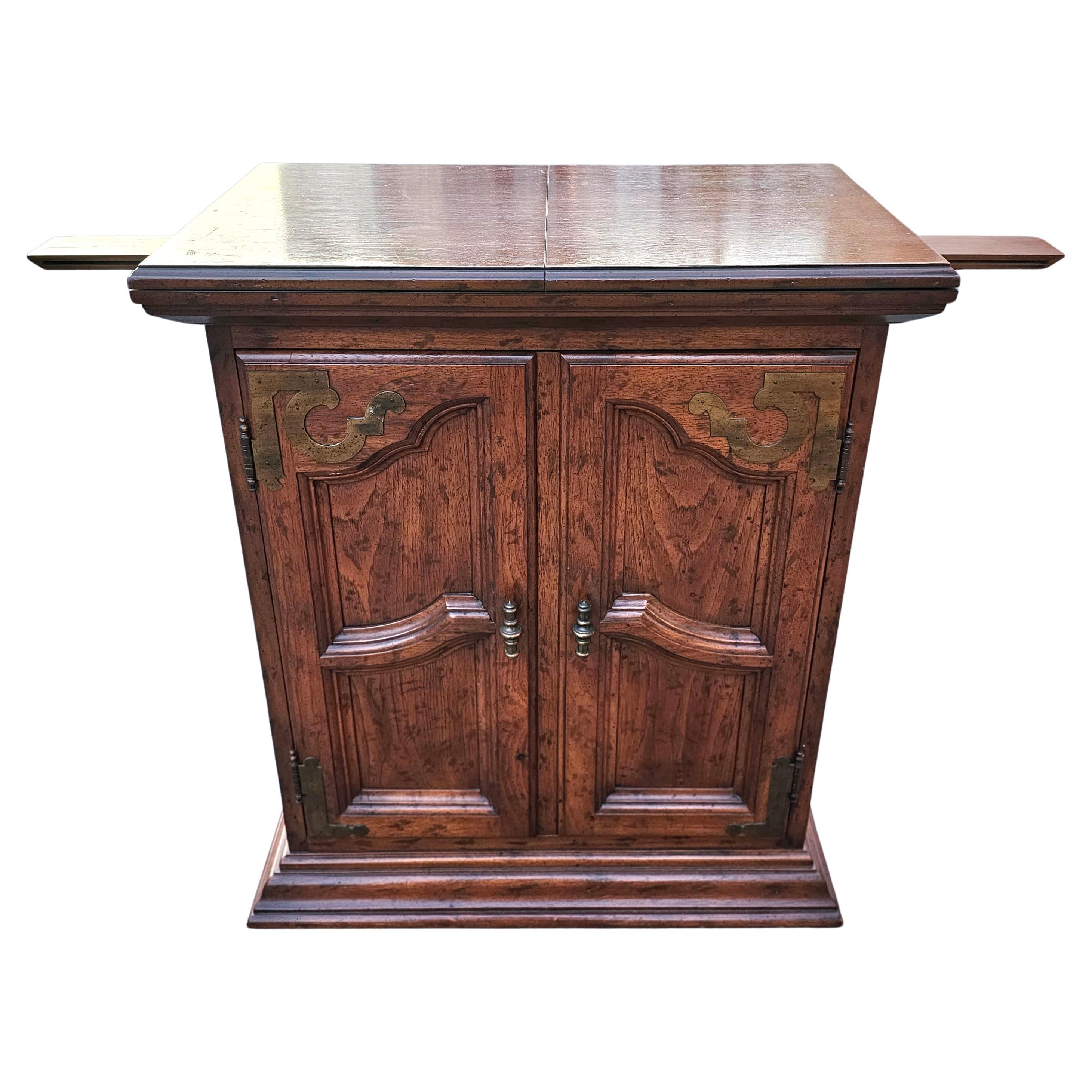 American Drexel Brass Mount Fruitwood Fold-Top Mini Bar with French Doors For Sale