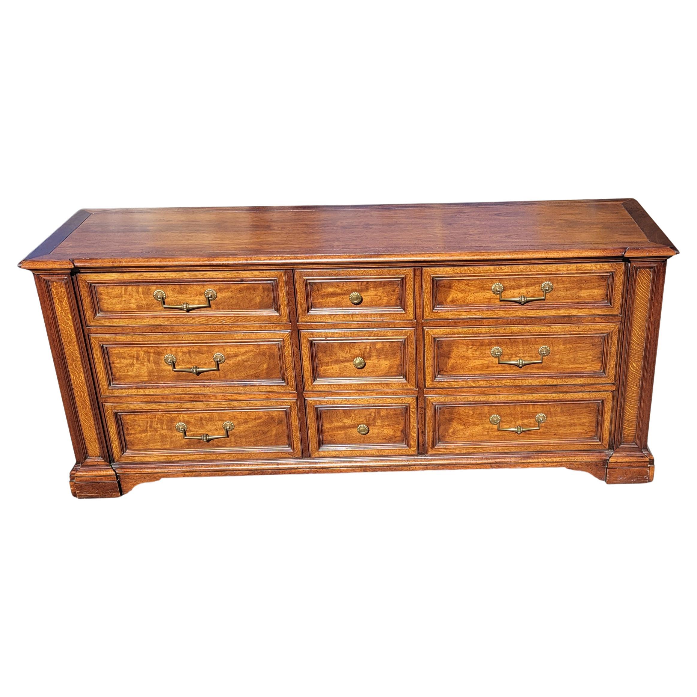 Henredon Fine Furniture Walnut and Mission Oak 9-Drawer Rolling Triple Dresser For Sale