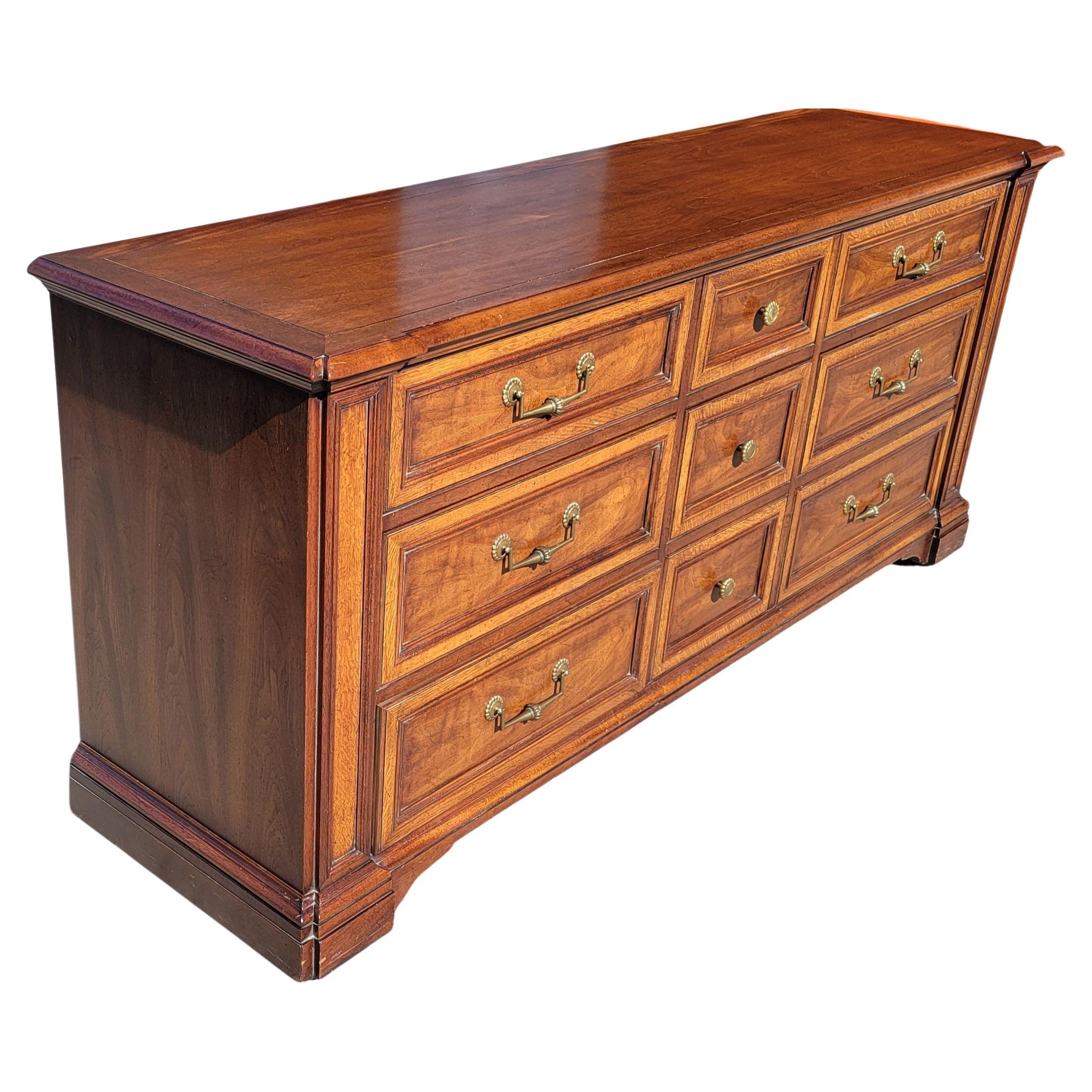 American Henredon Fine Furniture Walnut and Mission Oak 9-Drawer Rolling Triple Dresser For Sale