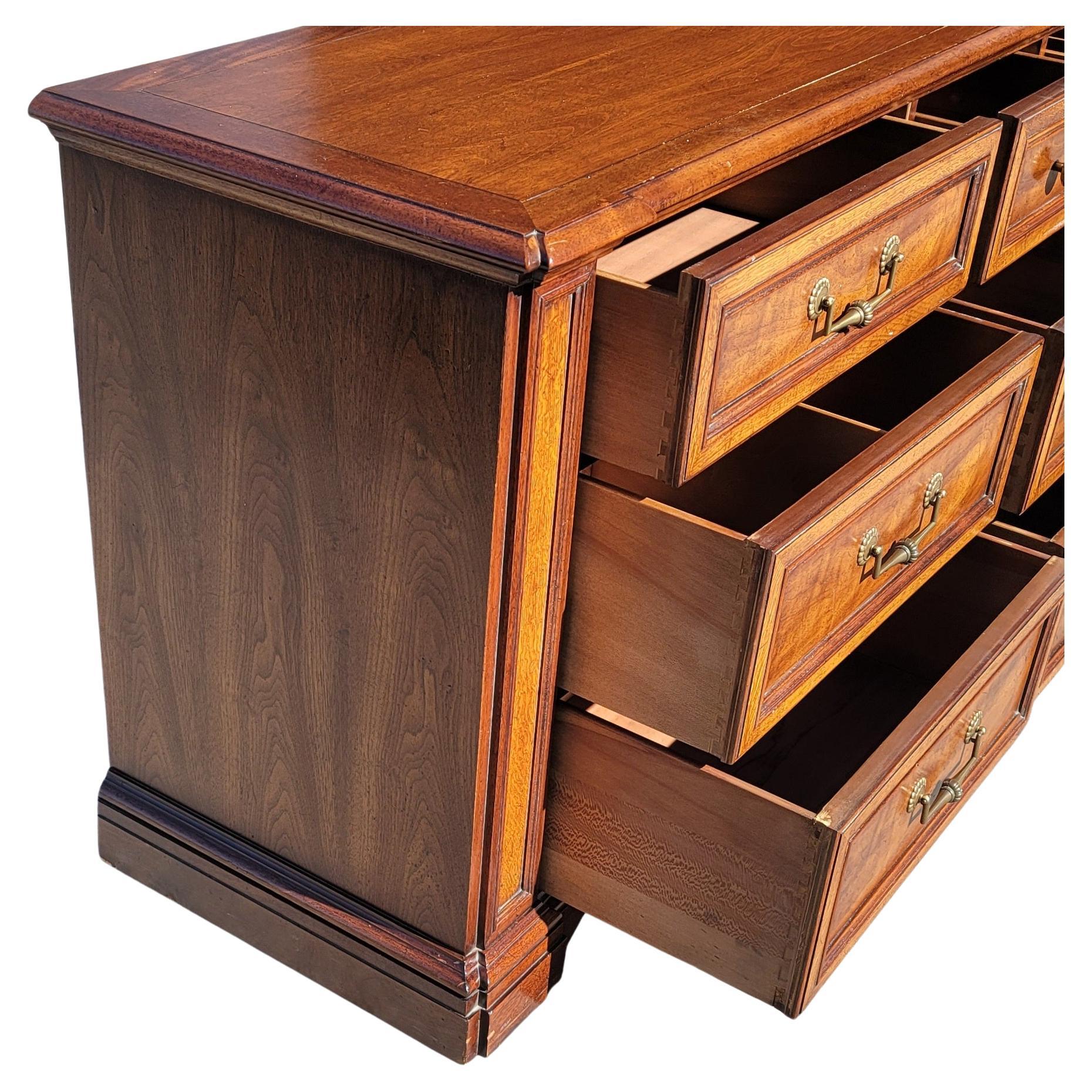 Mid-Century Modern Henredon Fine Furniture Walnut and Mission Oak 9-Drawer Rolling Triple Dresser For Sale