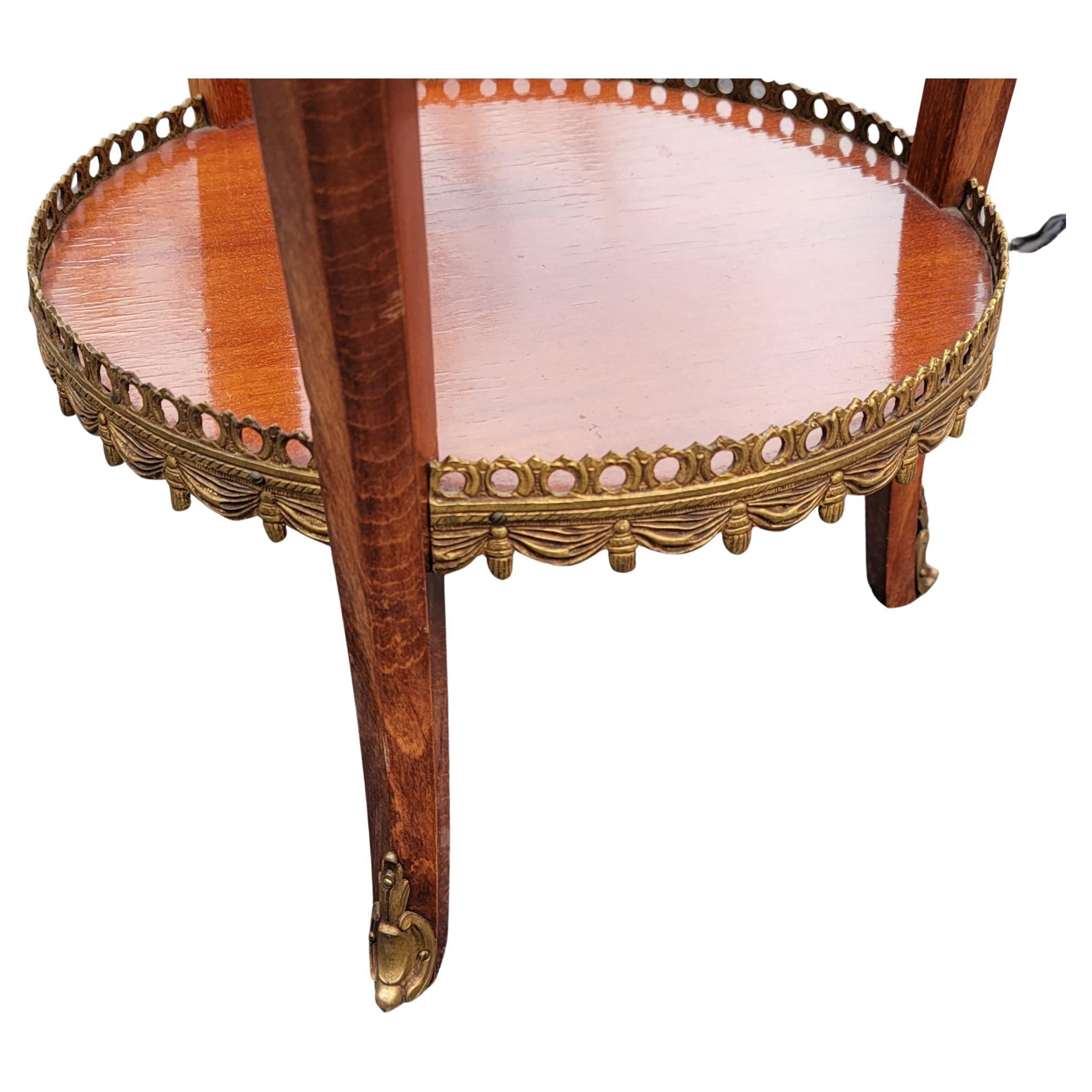 20th Century Louis XV Style Tiered Marquetry Marble Top Side Table w/ Bronze Ormolu Gallery For Sale