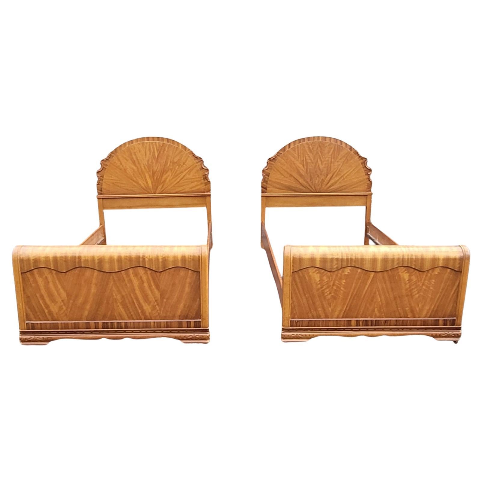 Veneer A Pair of 1930s Art Deco Mahogany Twin Size Bedsteads For Sale