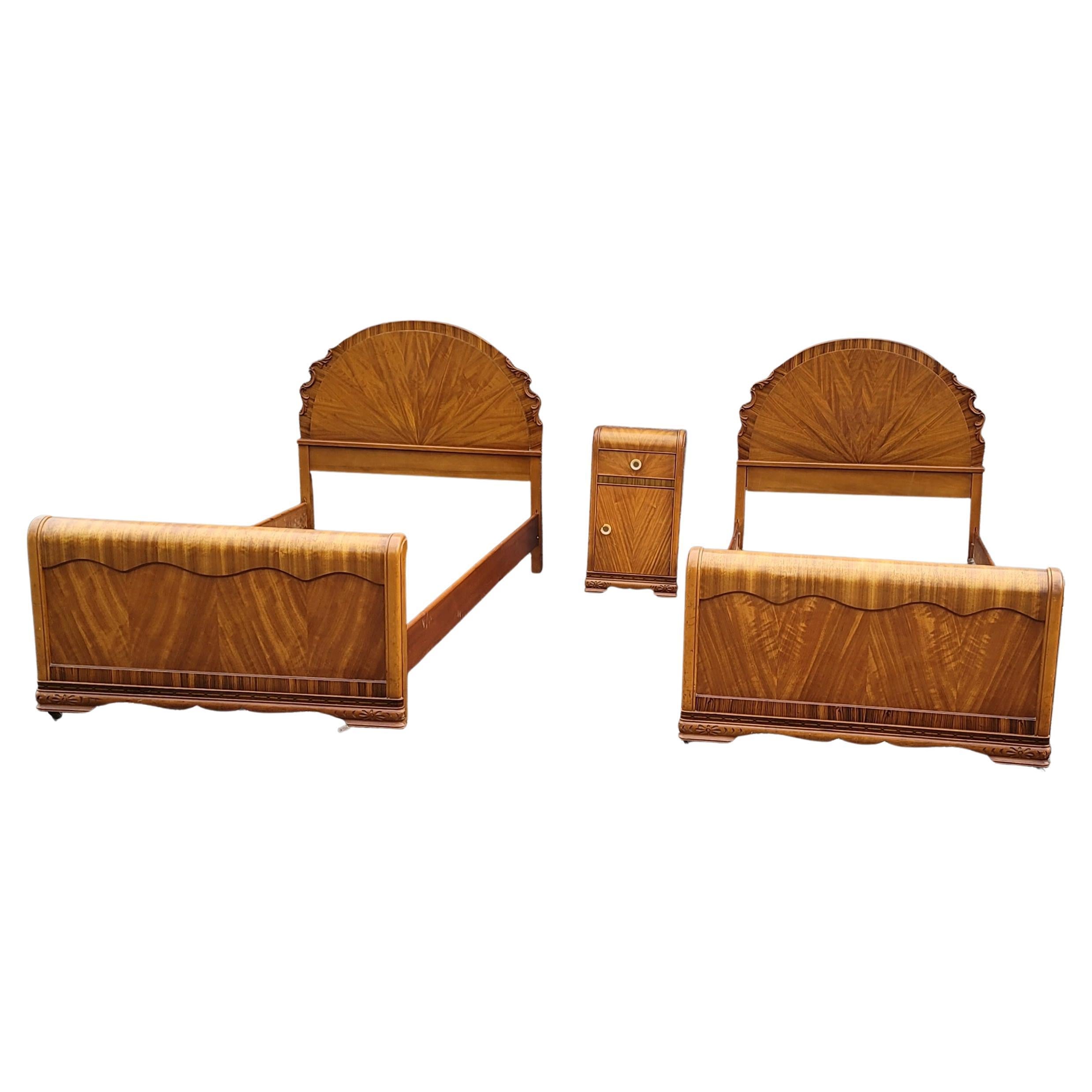 Walnut A Pair of 1930s Art Deco Mahogany Twin Size Bedsteads For Sale