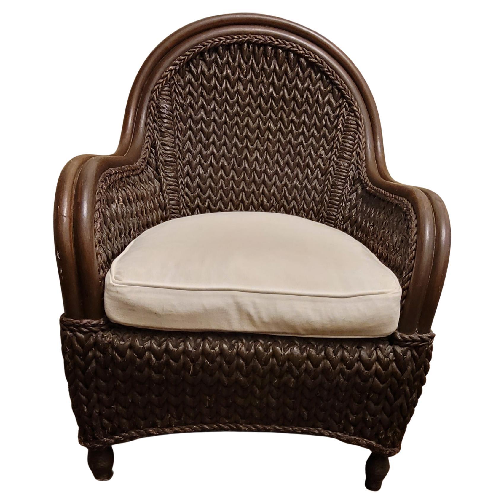 American Classical A Pair of 1980s Rattan and Rush Lounge Chairs with Ottoman Set For Sale