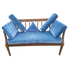 Mid-Century Hancrafted Fruitwood Velvet Upholstered Settee