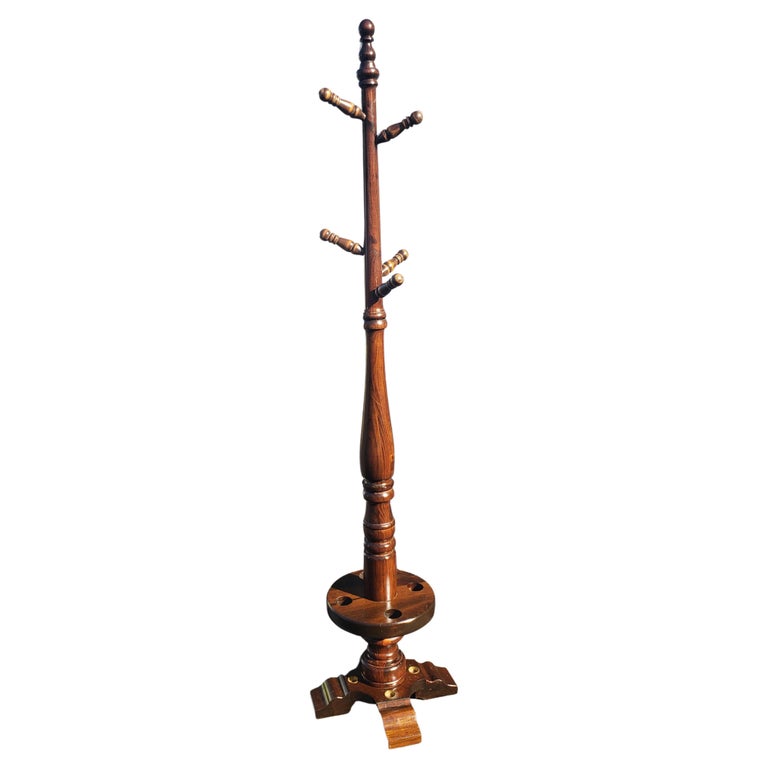 1960s Antiqued Pine and Brass Inserts Coat, Hat and Umbrella Stands at