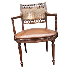 Retro Midcentury Regency Mahogany Leather Seat with Cane Back Armchair