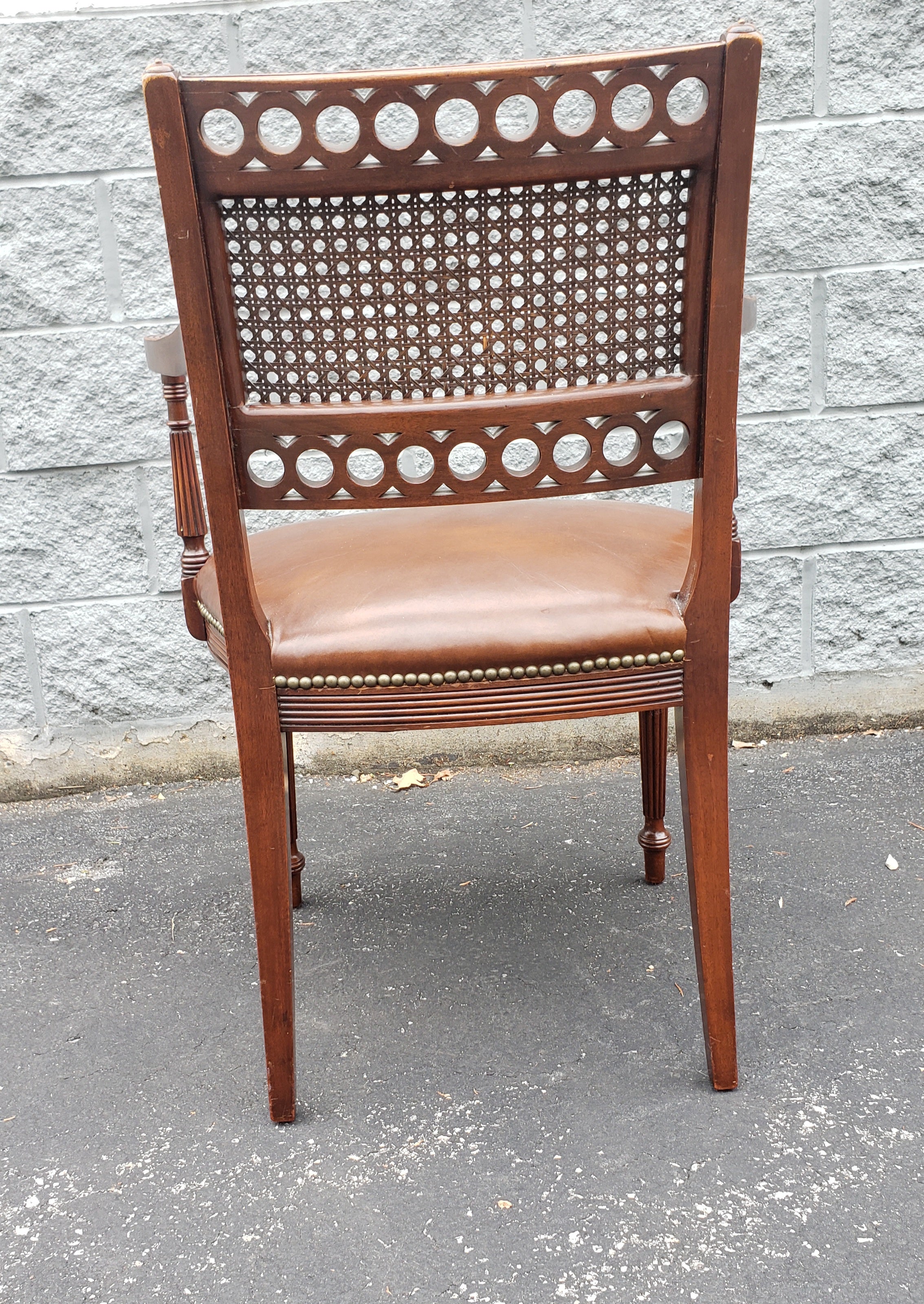American Midcentury Regency Mahogany Leather Seat with Cane Back Armchair