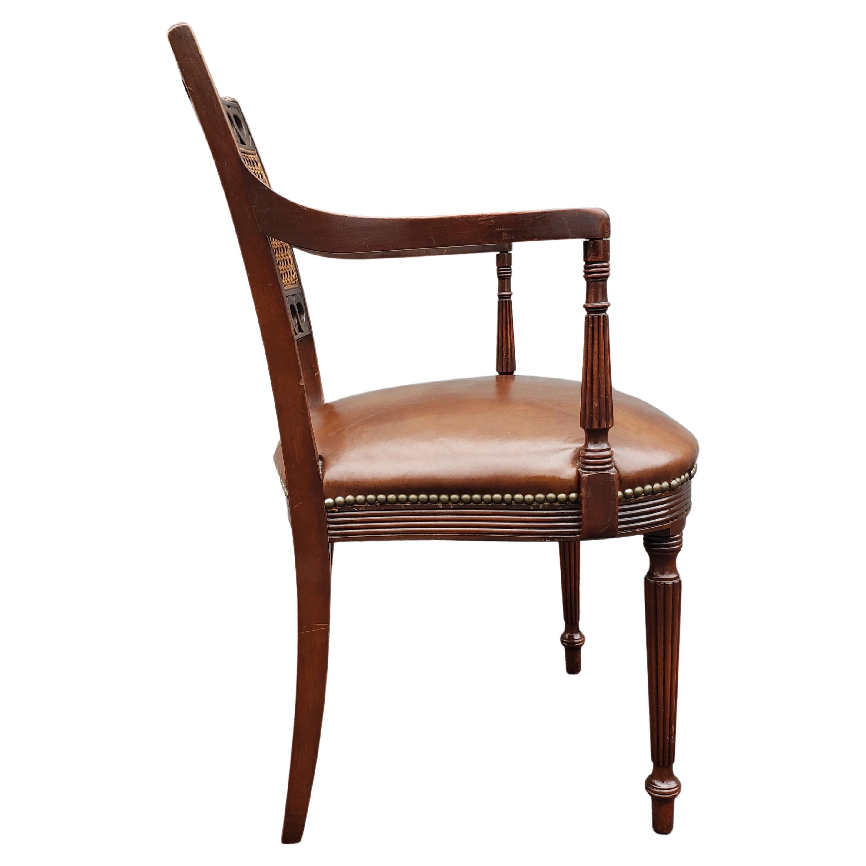 Caning Midcentury Regency Mahogany Leather Seat with Cane Back Armchair