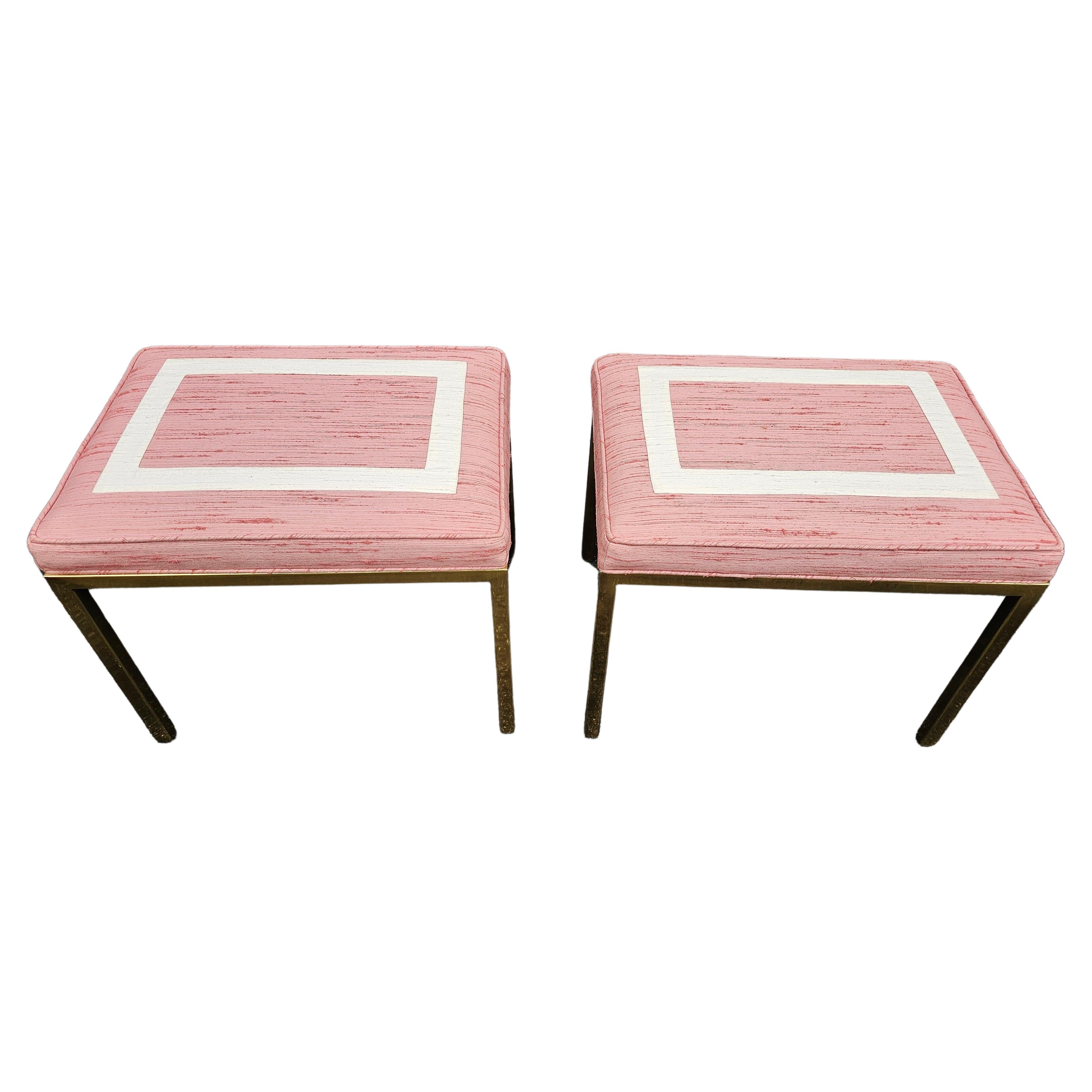 Pair Mastercraft Contemporary Brass And Upholstered Benches Footstools For Sale