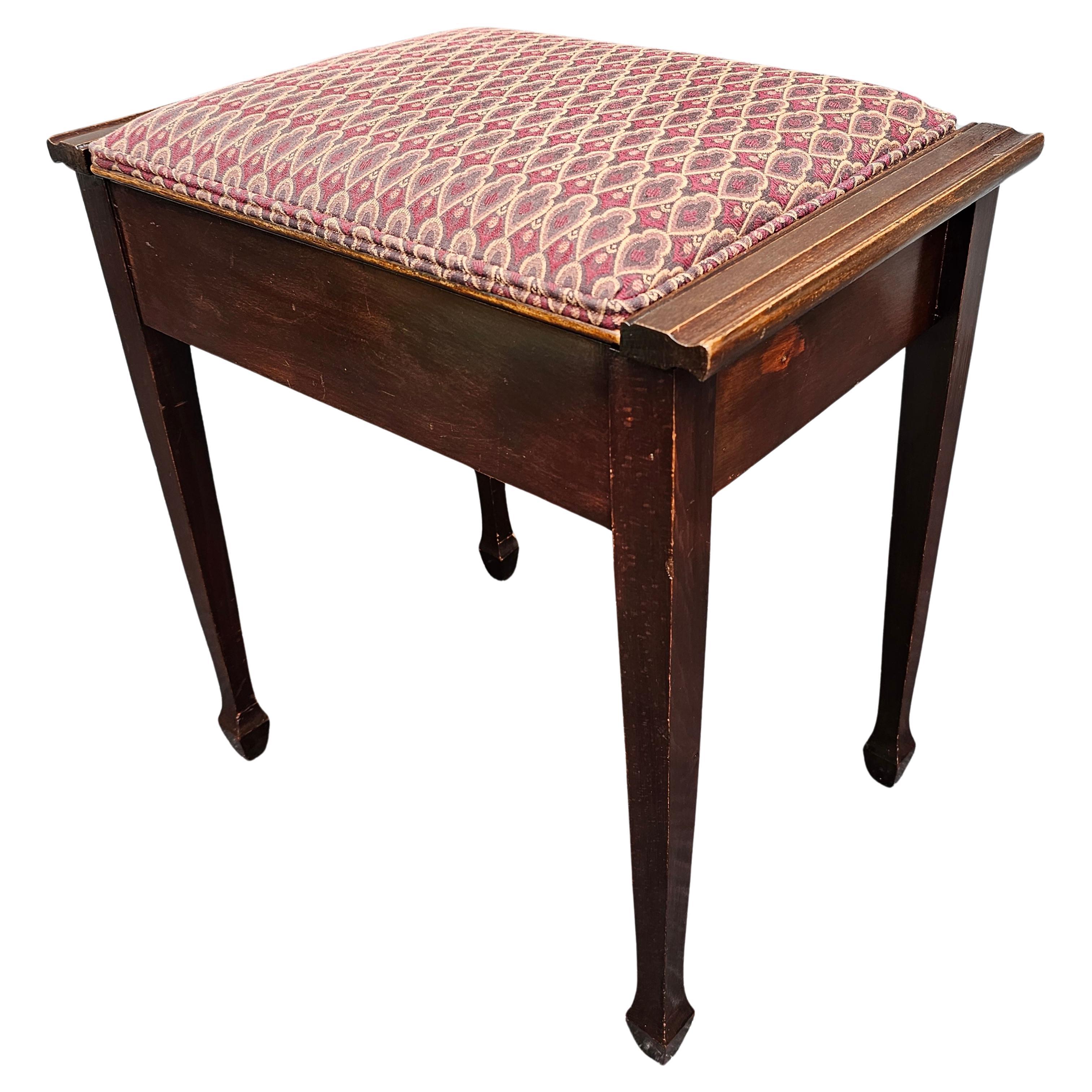 Brass George III Style Mahogany and Upholstered Hinged-Top Stool / Piano Bench