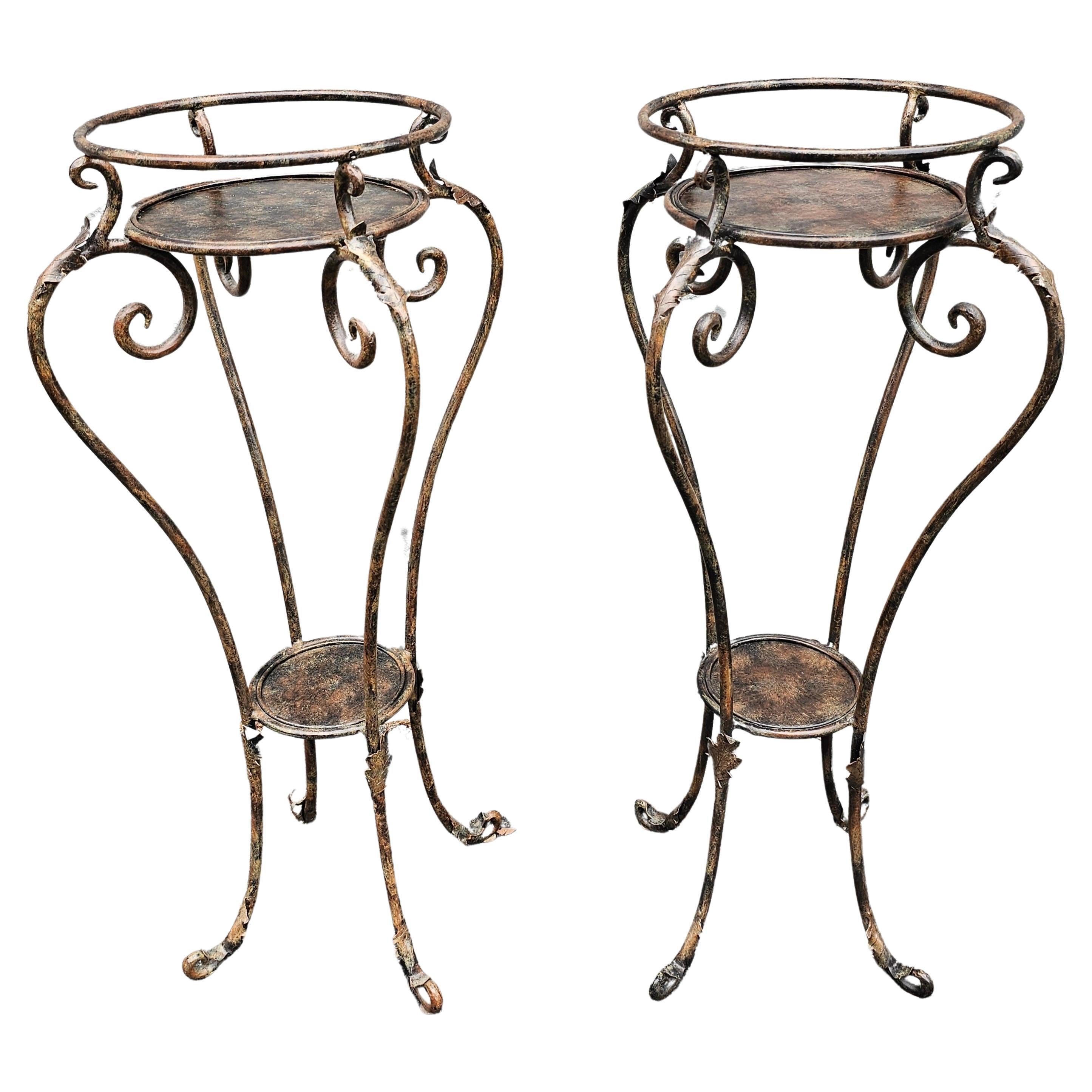 Iron Pair of Neoclassical Style Patinated Metal Planter Stands For Sale