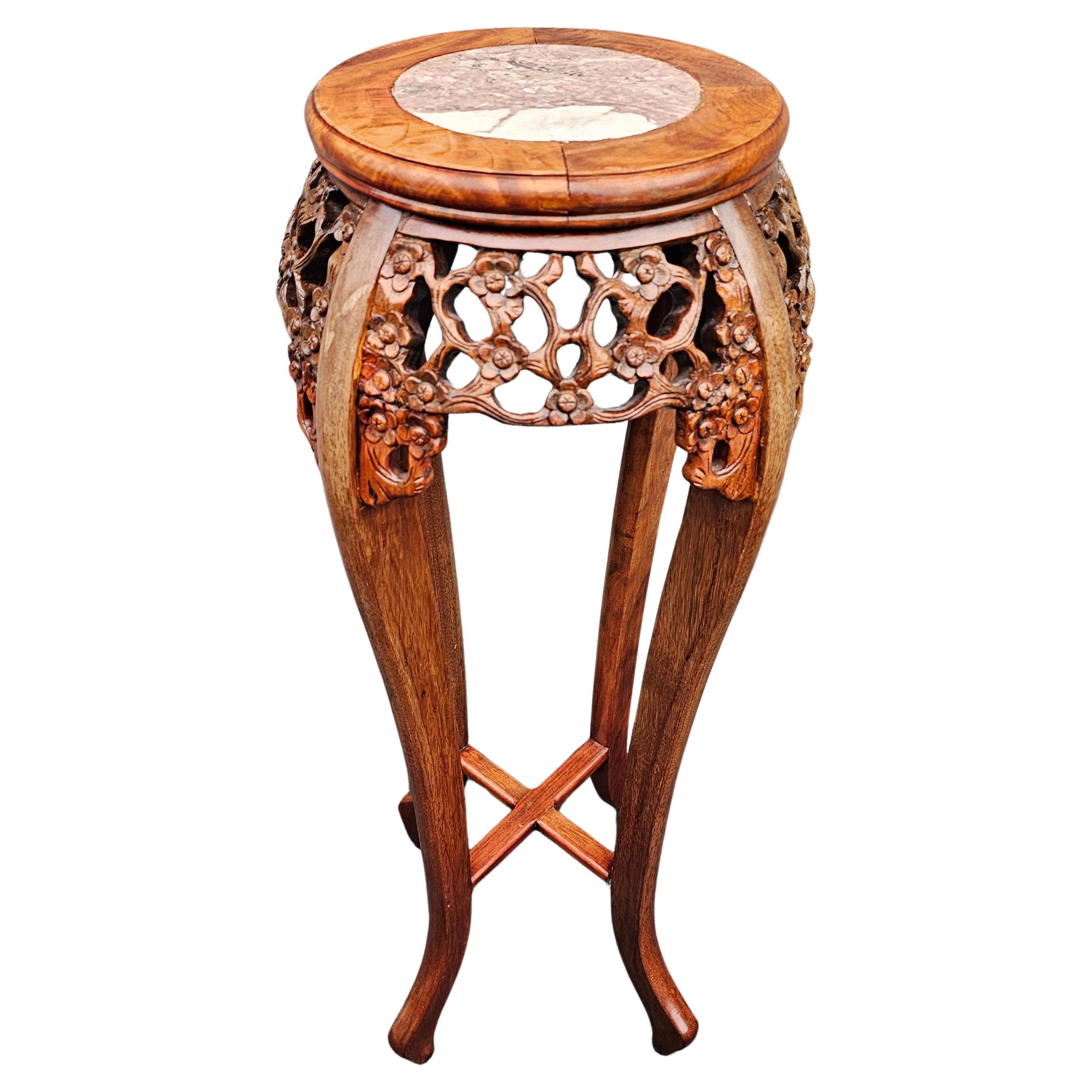 Chinese Export Chinese Carved Rosewood And Marble Inset Pedestal Plant Stand For Sale