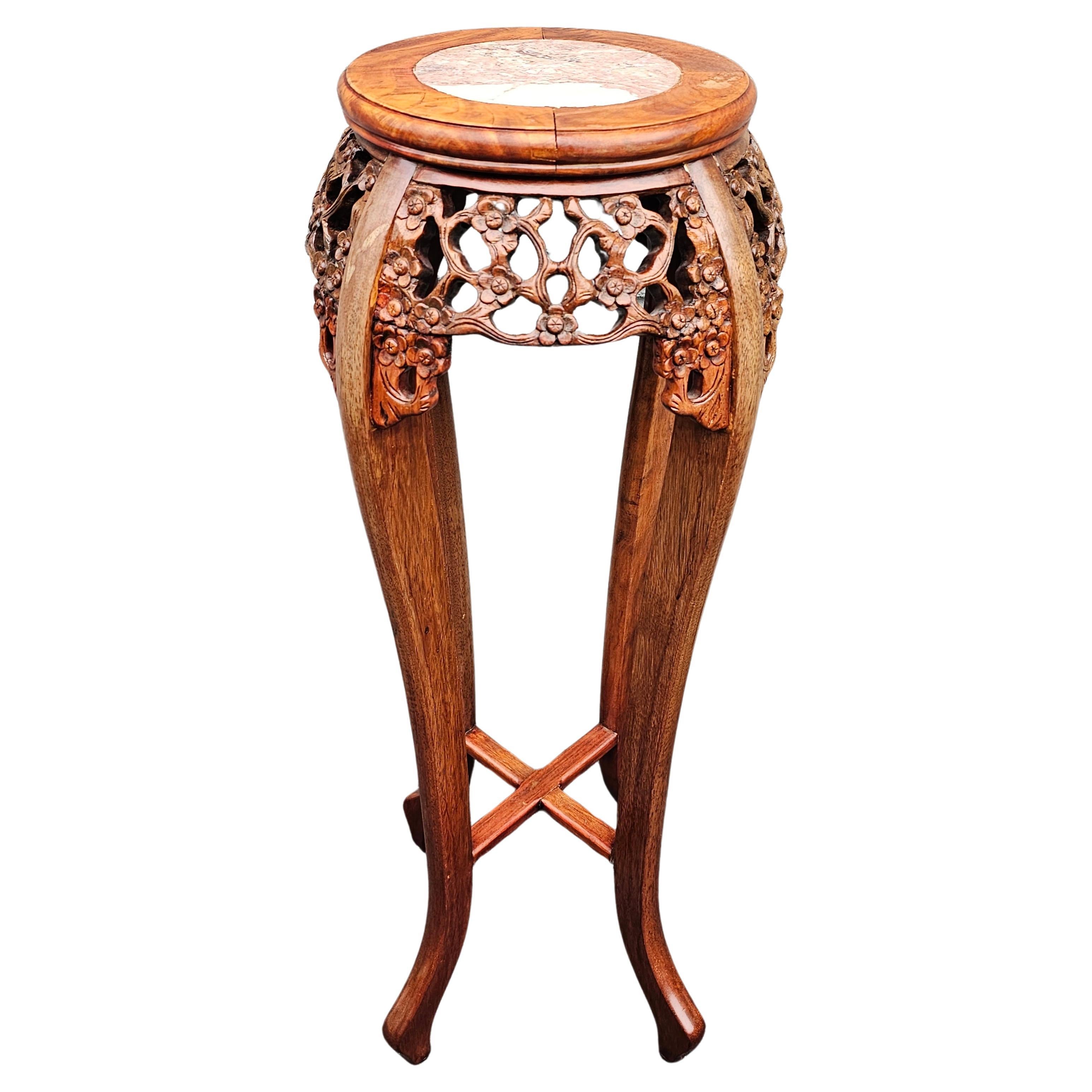 Chinese Carved Rosewood And Marble Inset Pedestal Plant Stand
