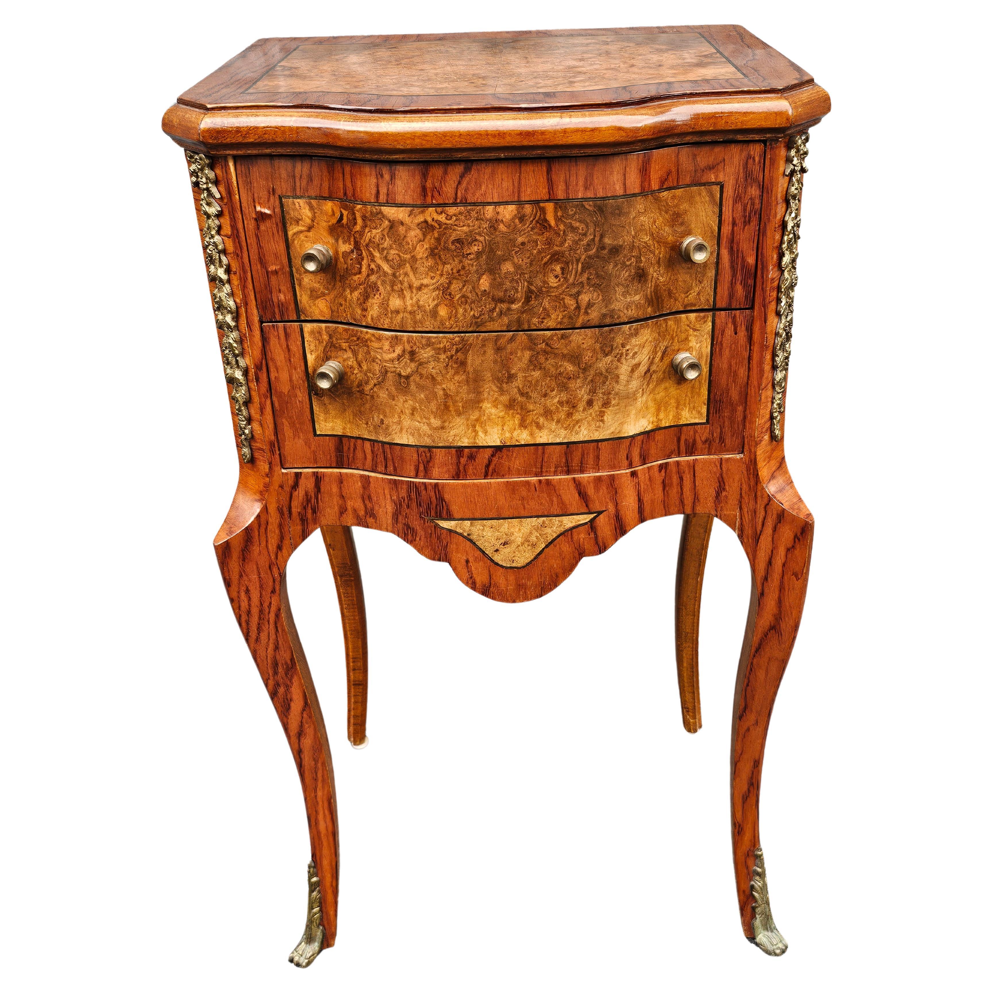 Early 20th Century Louis XV Style Brass Mounted Inlaid Burl Fruitwood Side Table For Sale