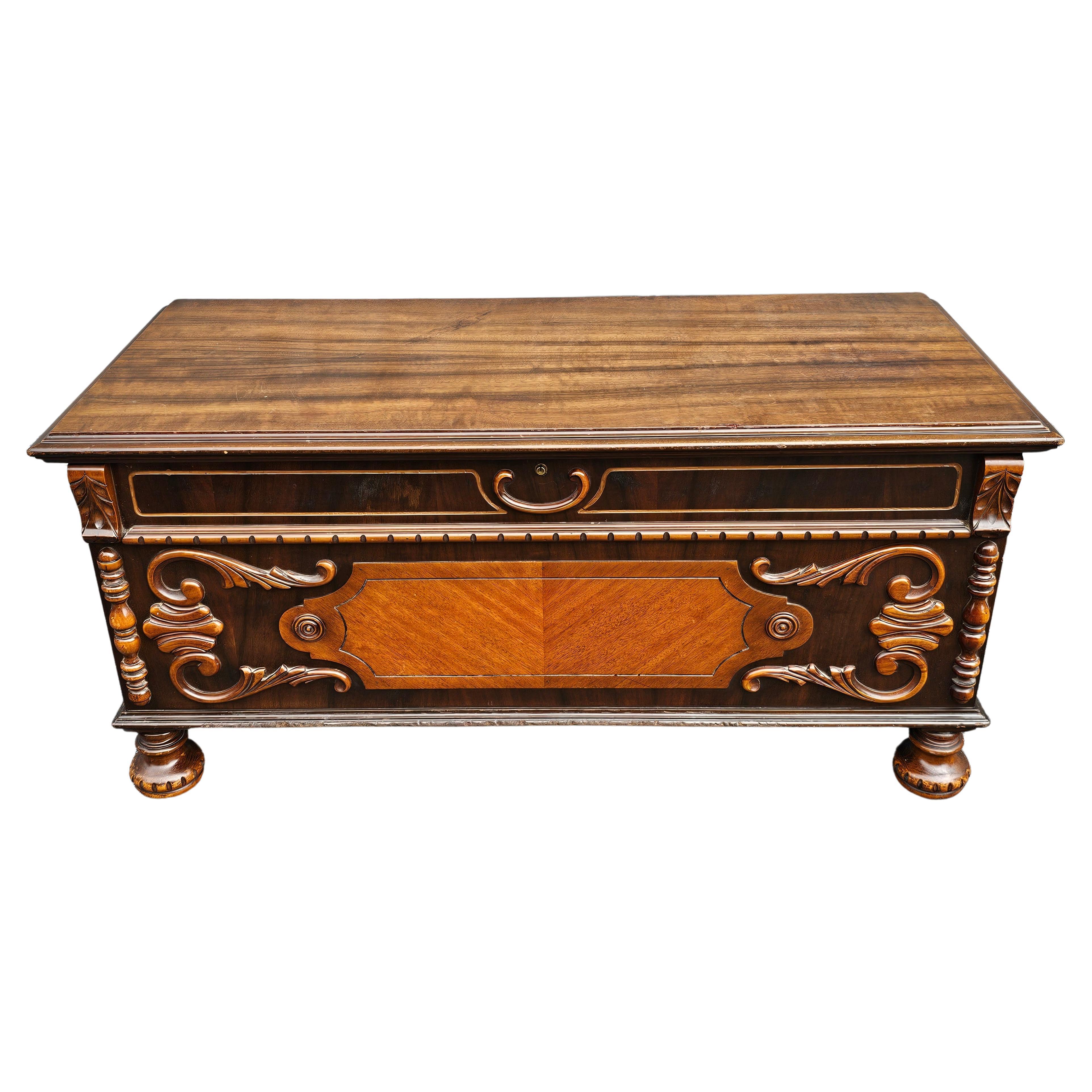 Haverty Furniture William And Mary Style Carved Mahogany and Cedar Blanket Chest For Sale