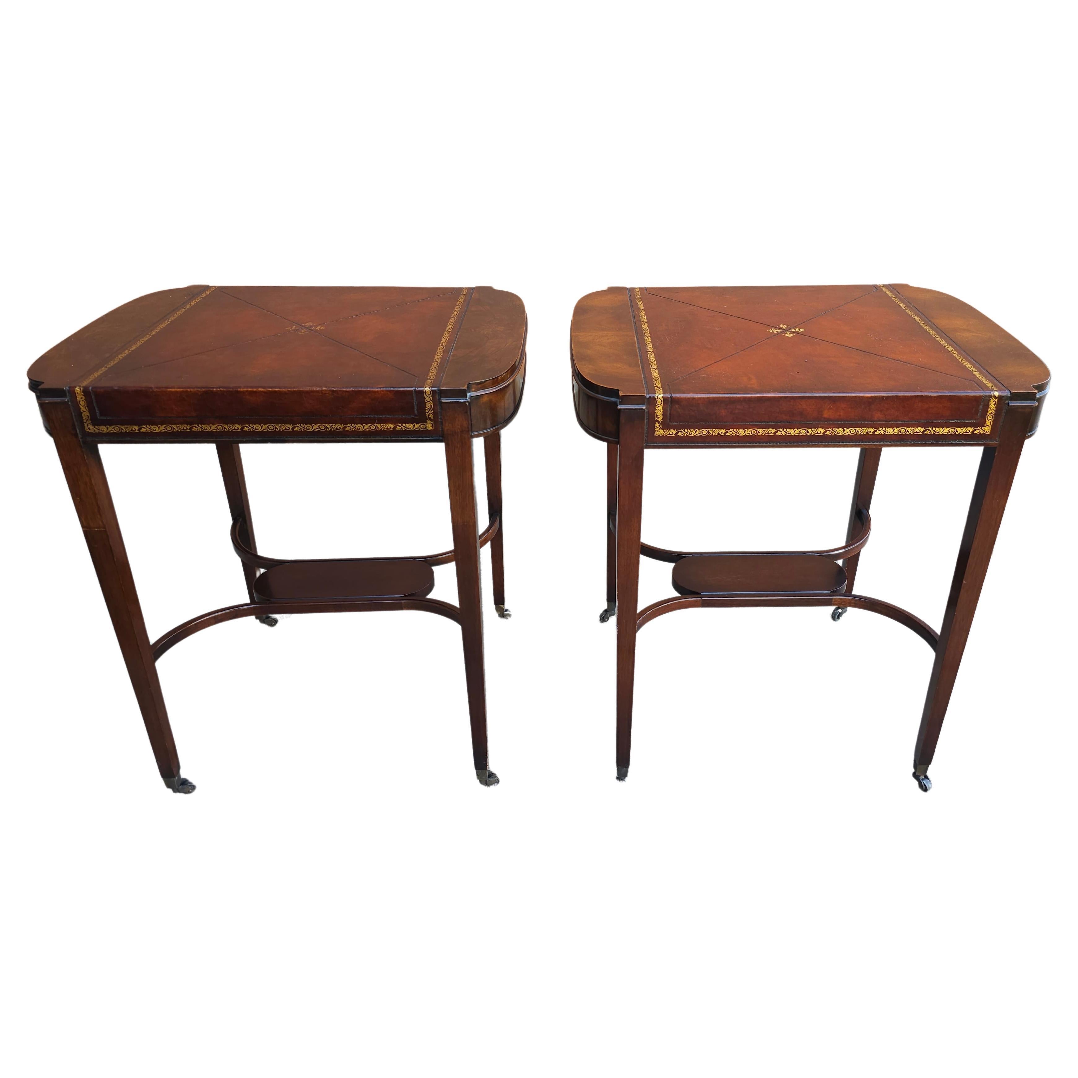 Pair Mid Century Regency Weiman Tooled Leather Top Mahogany Side Tables on Wheel For Sale
