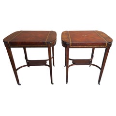 Pair Mid Century Regency Weiman Tooled Leather Top Mahogany Side Tables on Wheel