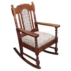 Antique Victorian Barley Twist Oak and Upholstered Rocking Chair