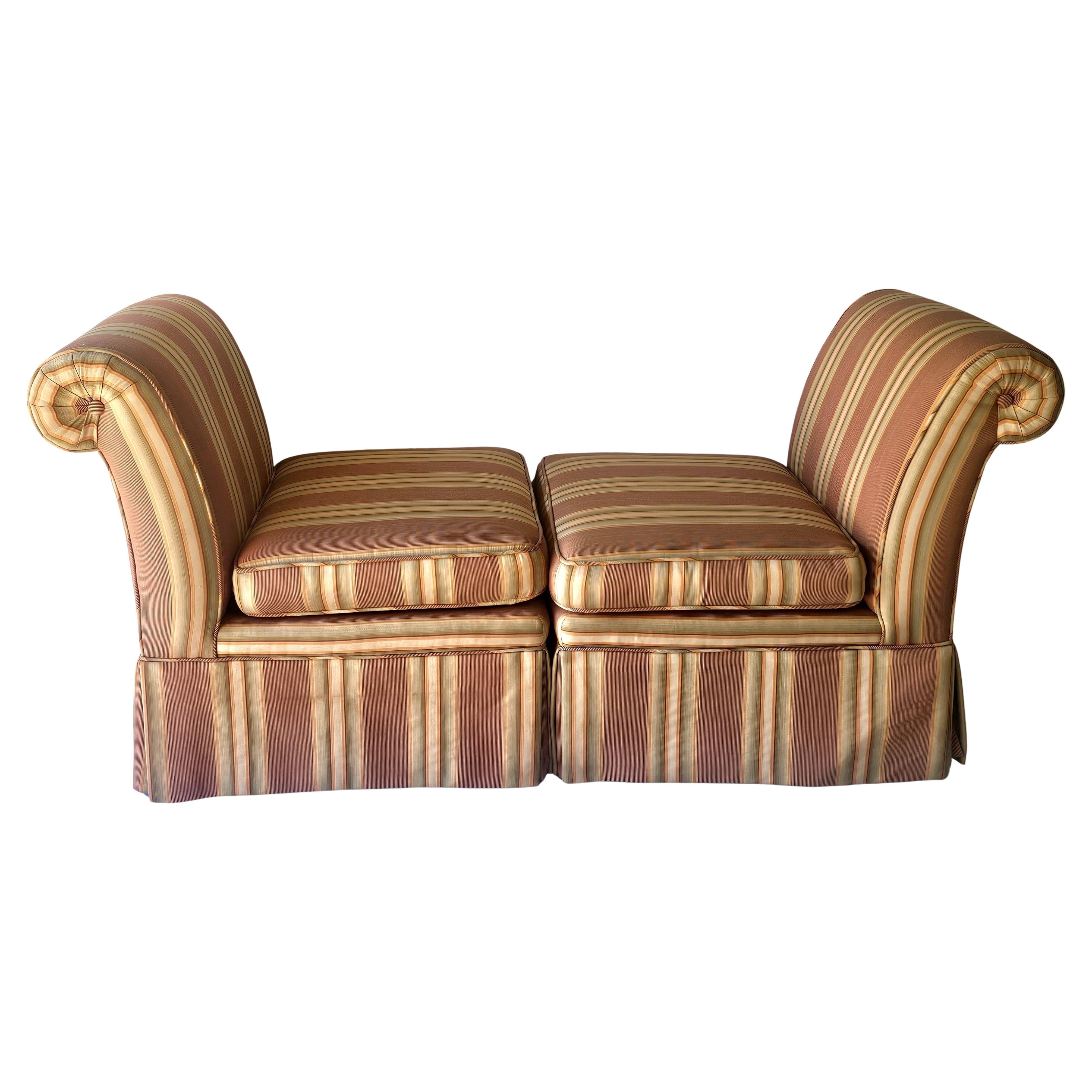 Pair of Modern Striped-Upholstered Rolled Back Slipper Chairs / Window Bench