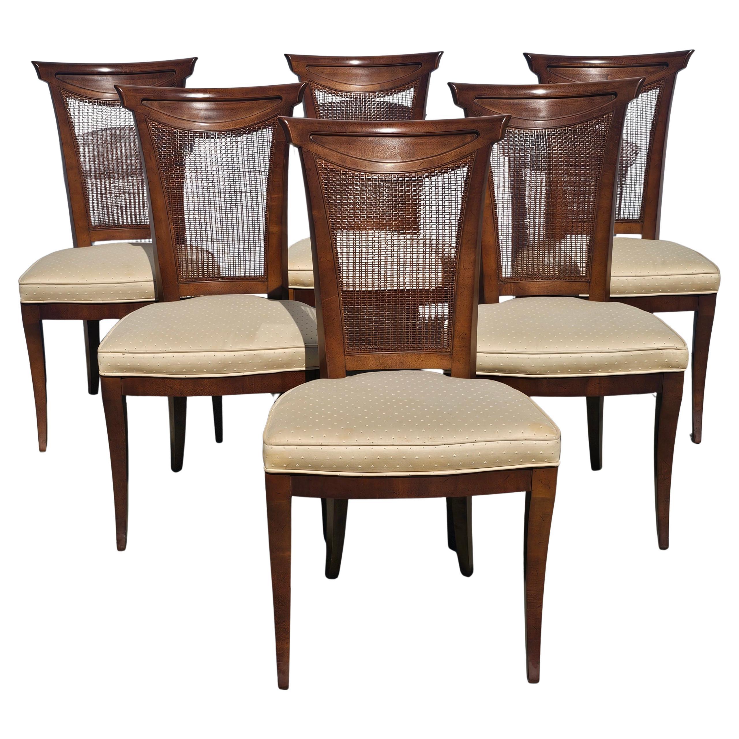 Set Six Drexel Consulate Series Walnut Cane Back & Upholstered Dining Chairs
