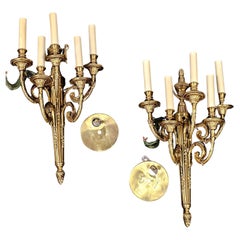 Pair of Louis XIV Style Gilt Metal Five Light Electric Wall Sconces