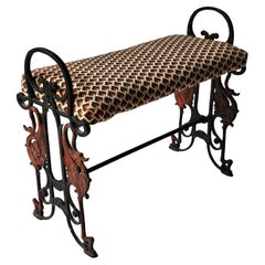 Mid-Century Forged Cast Iron And Upholstered Seat Bench